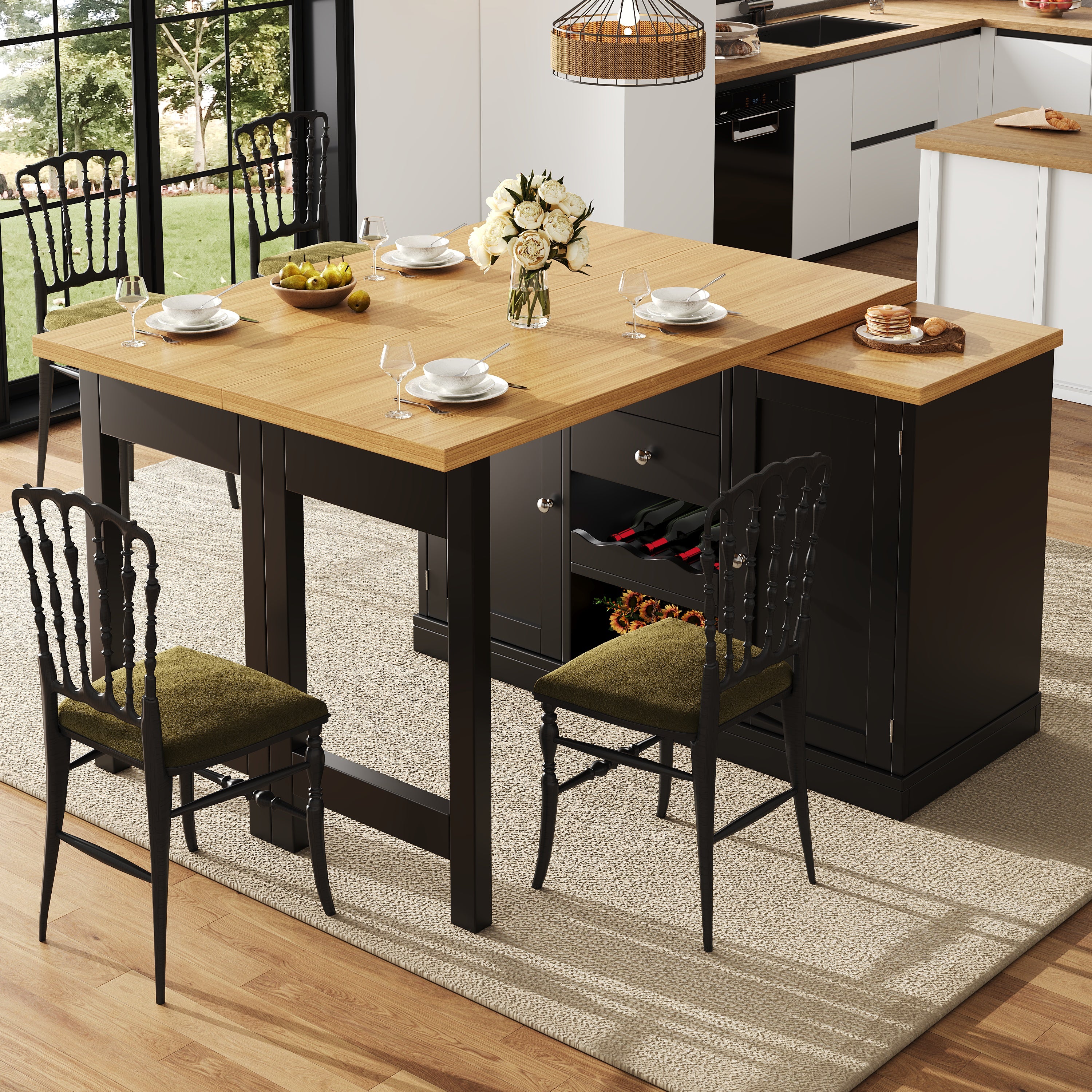 Extendable Sideboard & Dining Table Combo, 2 Drawers & Snack rack, Space-Saving Sideboard for Small Flats, White/Black