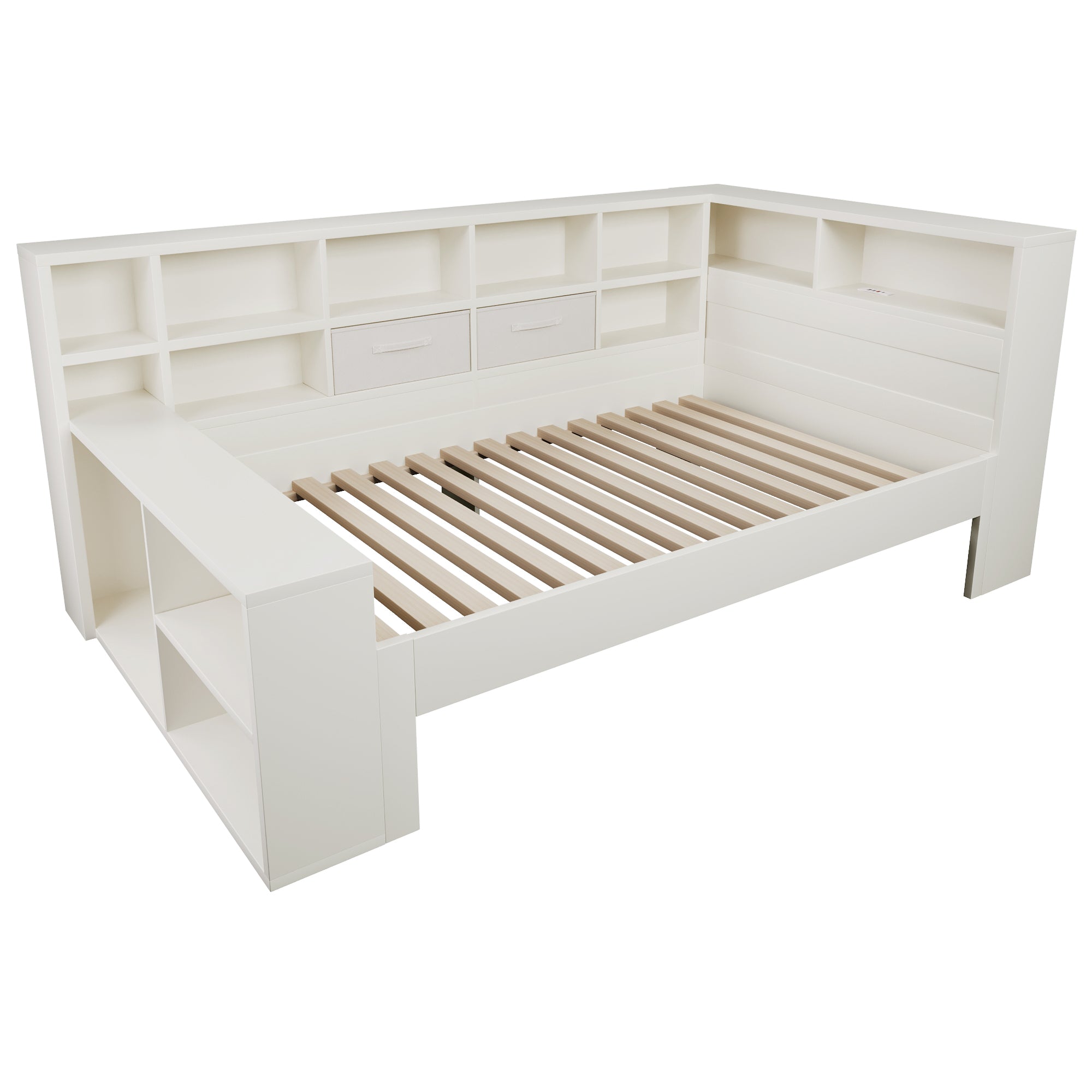 Single Daybed with Storage & USB Type-C Port, 3FT Platform Bed with Bookcase, 90 x 190 cm Multi-functional Wooden Bed Frame for Living Room/ Bedroom, White (No Mattress)