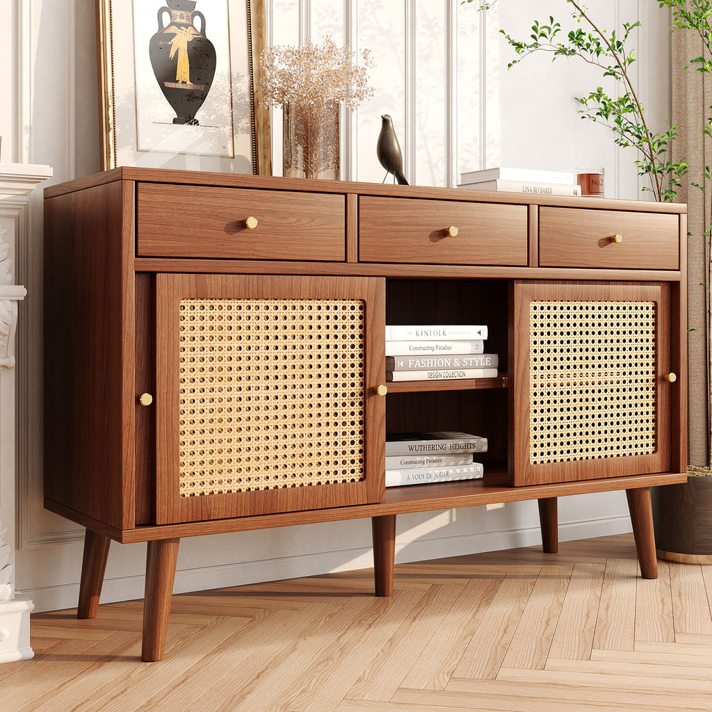 Modern sideboard 120*40*78cm, rattan door design, with 3 drawers and storage compartments, retro wooden sideboard, suitable for dining room and living room