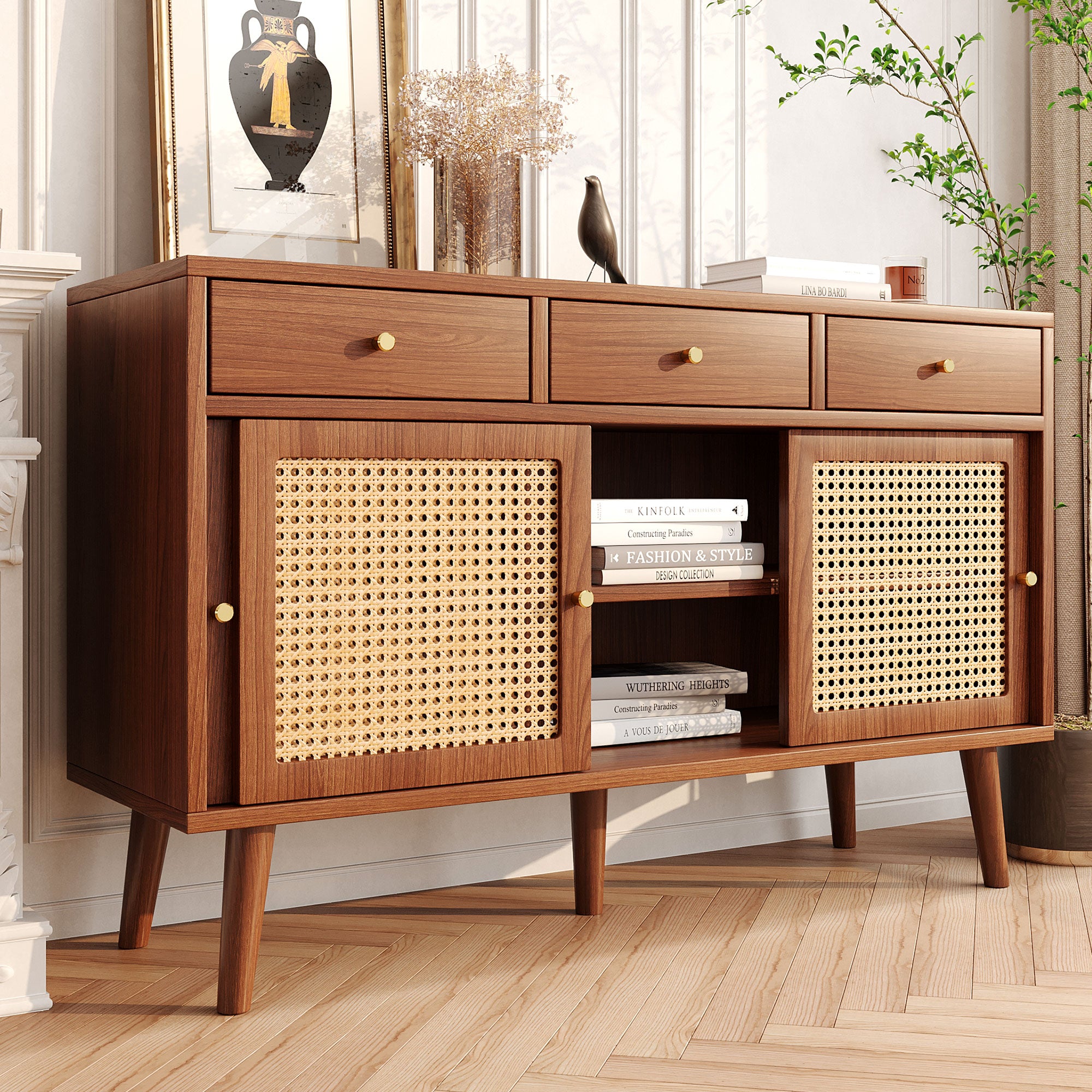 Modern sideboard 120*40*78cm, rattan door design, with 3 drawers and storage compartments, retro wooden sideboard, suitable for dining room and living room