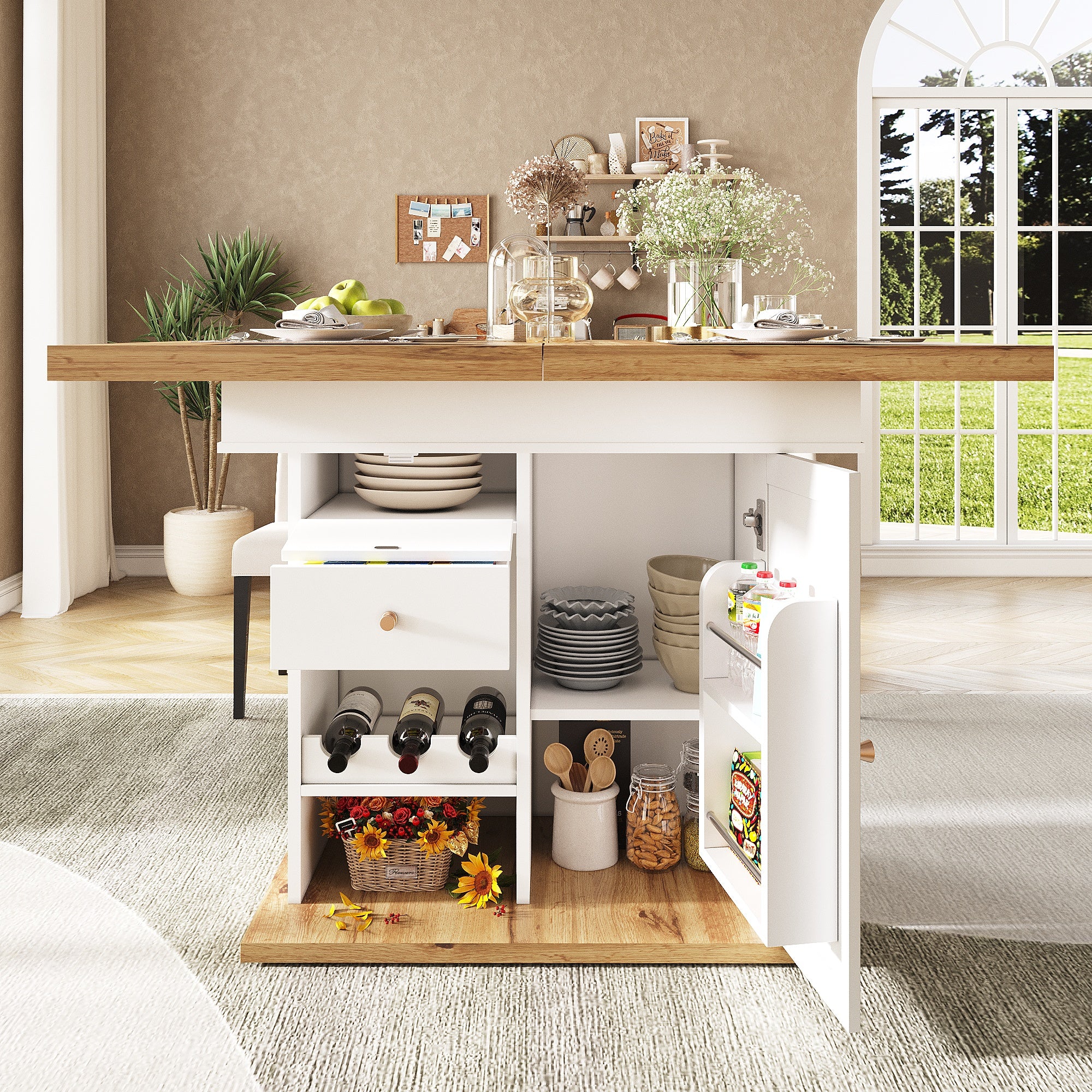 Extendable Dining Table Telescopic Table (110-140×80cm), Foldable Kitchen Table for 4-6 People, Expandable Dining Table, Space-Saving Kitchen Table, for Kitchen and Living Room, Table with Snack Rack