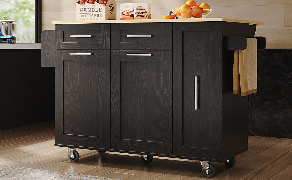 Modern kitchen island, kitchen cabinet, buffet cabinet, dining cart with wood grain, dining table with storage space, dining cart with snack shelves and stretch function cabinets, black