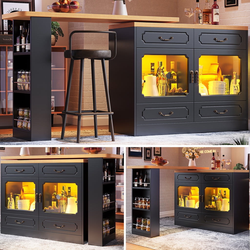 360° rotation, bar table (main body 135-203 x 39 x 92.8 cm), coffee bar furniture, rotatable dining bar with storage, kitchen island, double doors with four drawers, 3-tier open storage space, black