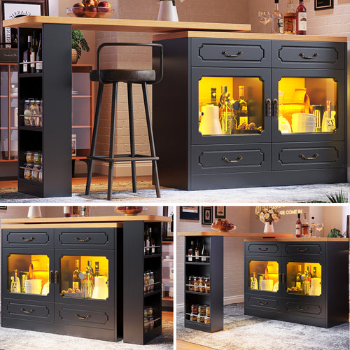 360° rotation, bar table (main body 135-203 x 39 x 92.8 cm), coffee bar furniture, rotatable dining bar with storage, kitchen island, double doors with four drawers, 3-tier open storage space, black