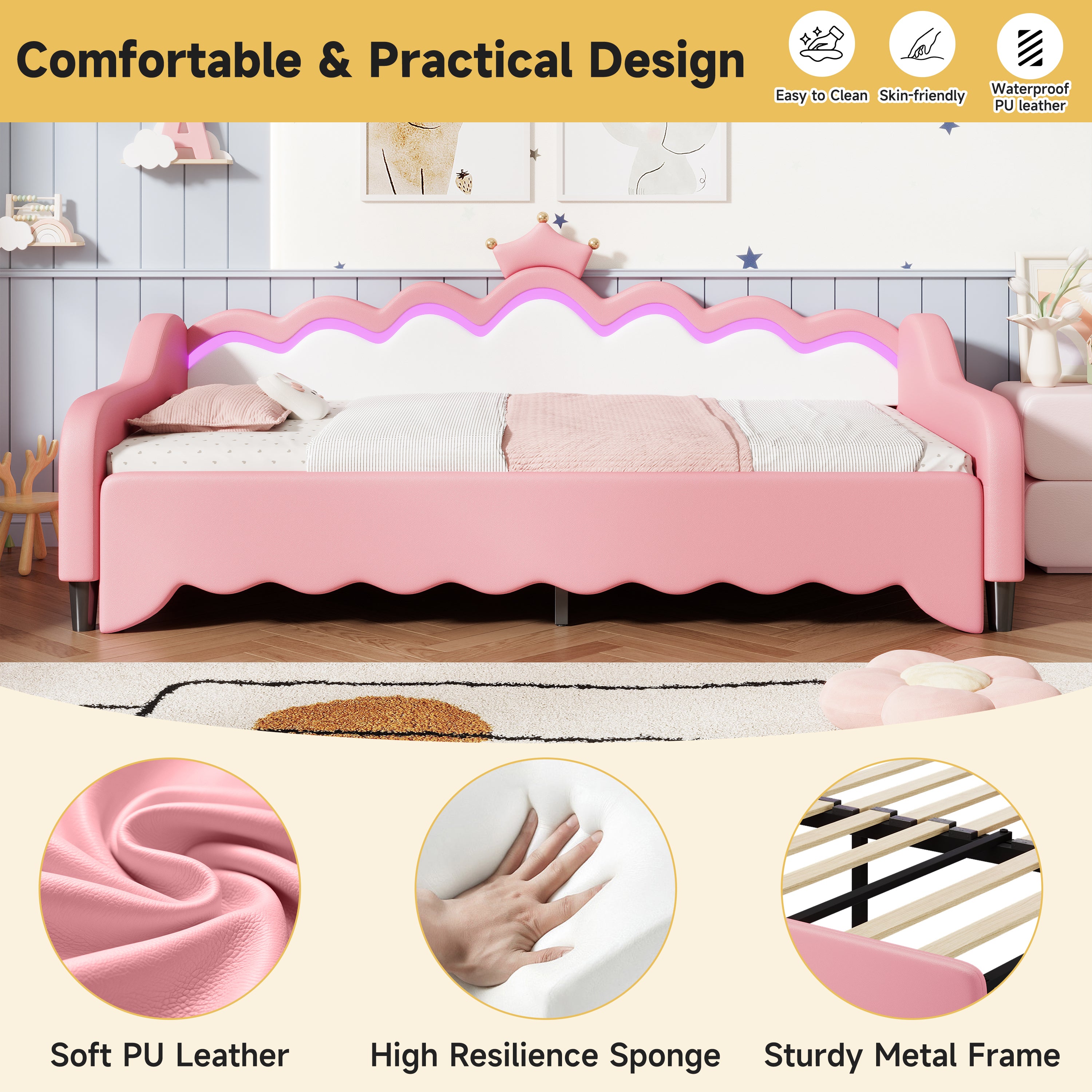 3ft Single Daybed with LED Crown Shape Headboard, PU Leather Sofa Bed Frame with Solid Wood Slat, Pull out Trundle Bed for Living Room/ Bedroom/ Study Room, Cream White + Pink (No Mattress)