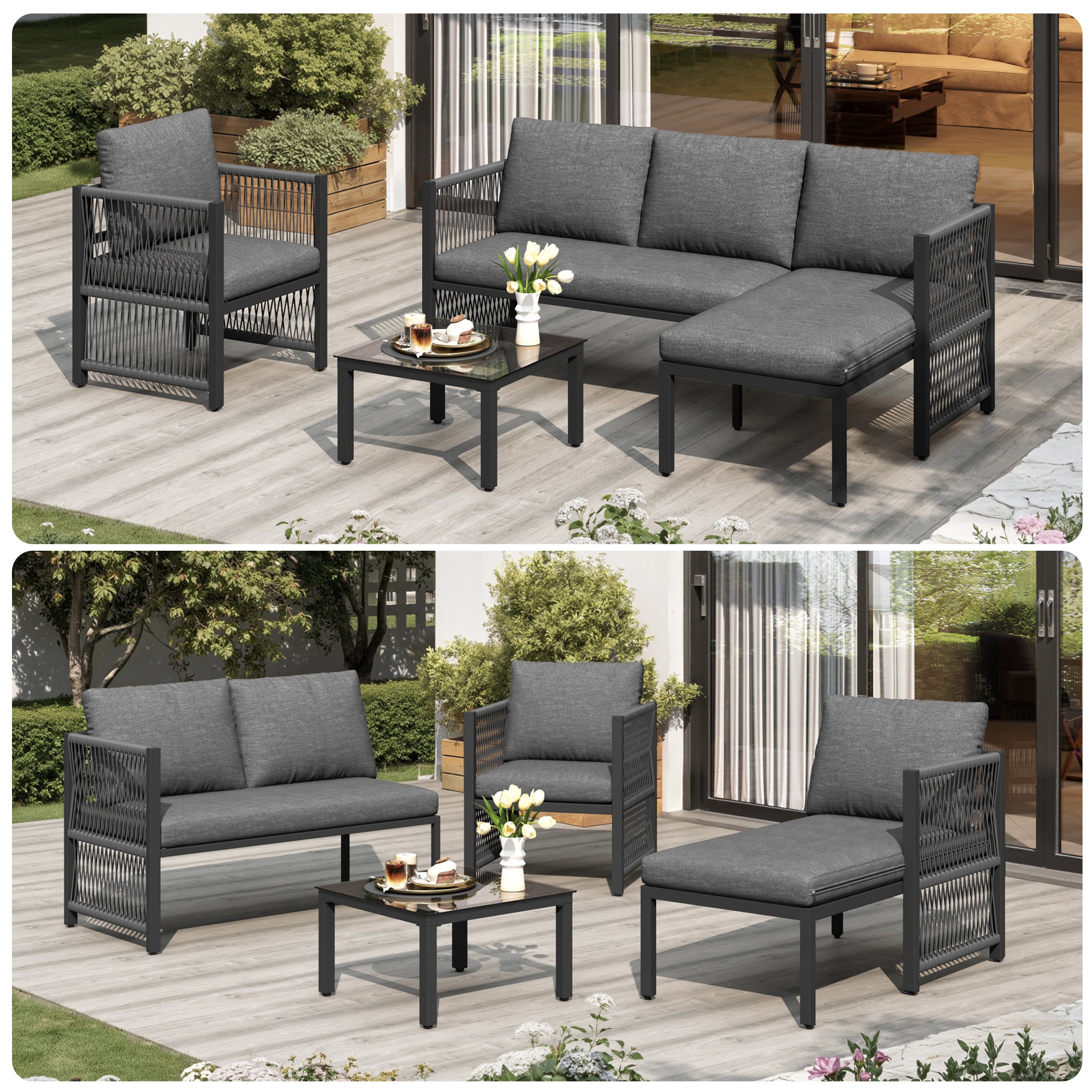 Garden Set with Tempered Glass Coffee Table, Convertible 4-5 Seater Polyester Rope Patio Set with Lounge Sofa and Armchairs, Weatherproof Outdoor Patio Corner Sofas for Balcony and Terrace, Grey
