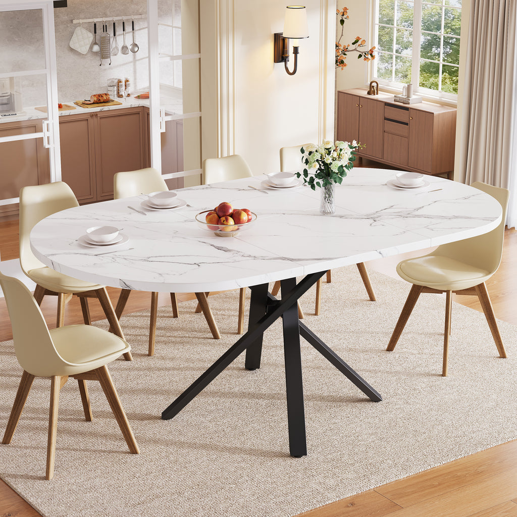 Extendable dining table 100-140cm, round-oval table, stable X-metal frame, adjustable feet, white&black