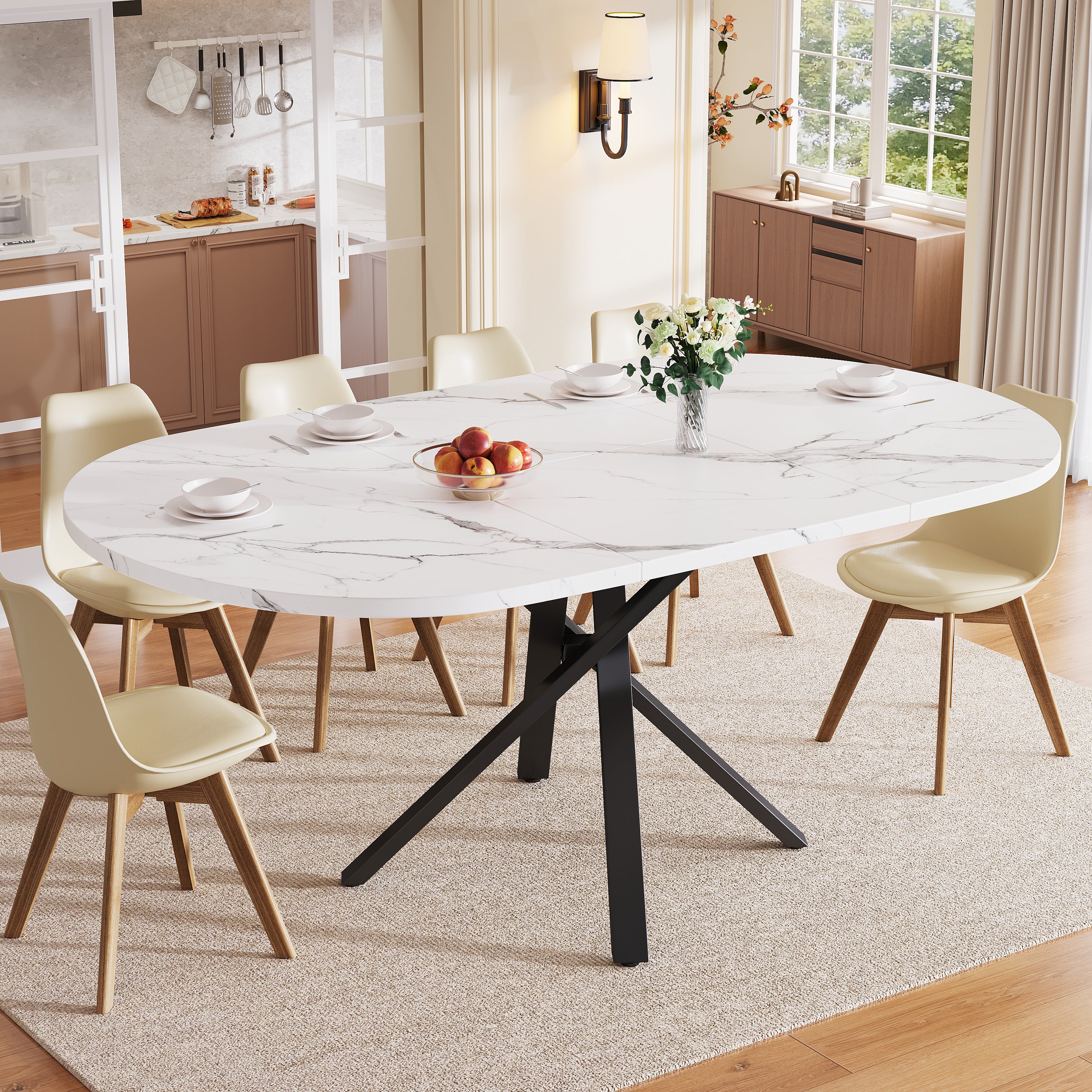 Extendable dining table 100-140cm, round-oval table, stable X-metal frame, adjustable feet, white&black