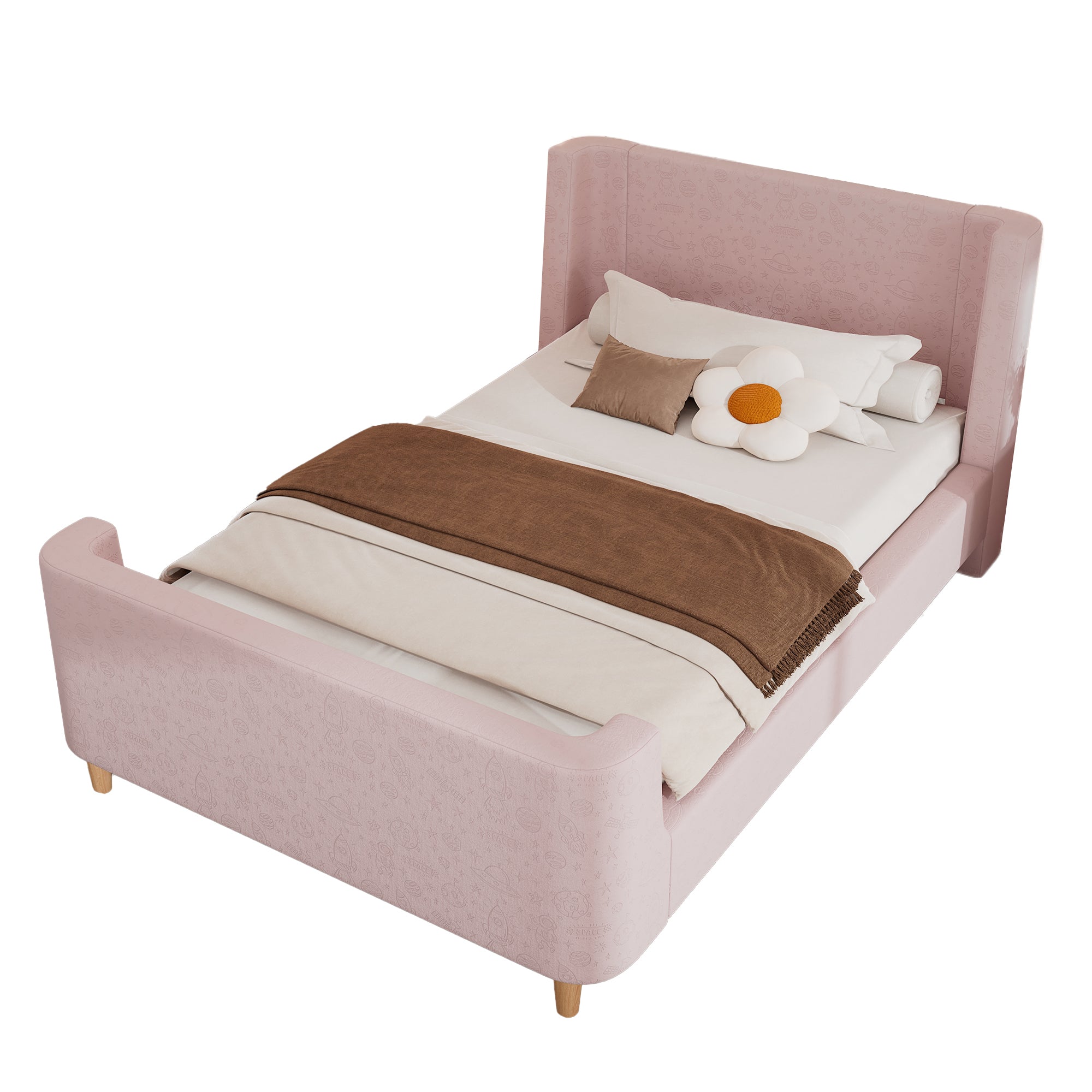 3FT Upholstered Bed, 90 x 190 cm Single Bed with Cosmic Pattern, Sleigh-style Teen Bed, Bed Frame for Boys and Girls, Pink, Velvet (Without Mattress)