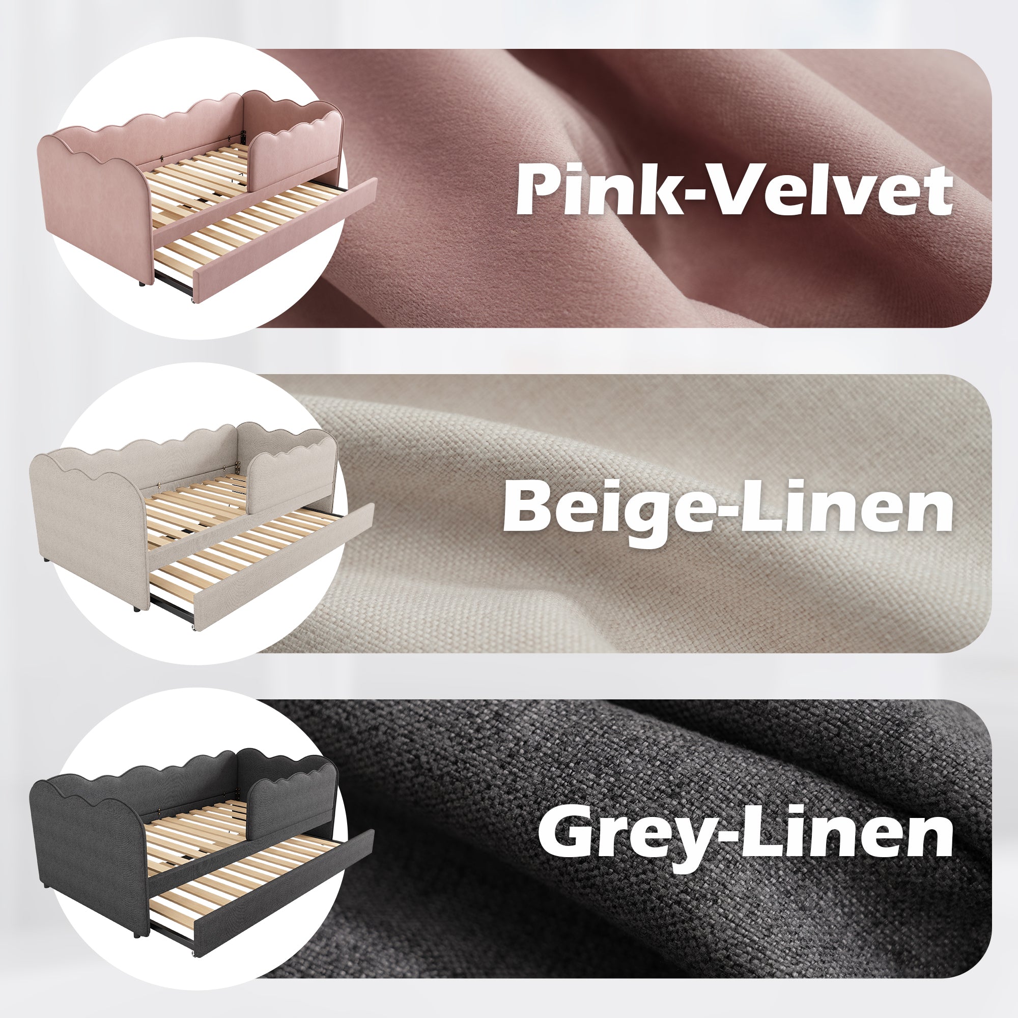 Upholstered Bed Daybed 90 x 190 cm, 3FT Single Bed with Pull out Trundle, Sofa Bed For Adults and Children, Single Daybed With Slatted Frame, Linen, Grey (No Mattress)