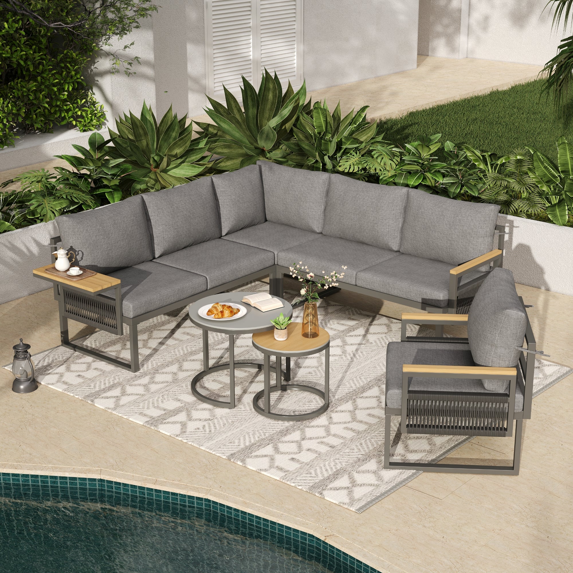 5-6 Seater Garden Furniture Set, Rope Woven Outdoor Corner Sofa with Matching Armchair, 2 Nesting Tempered Glass Coffee Tables and Adjustable Handrail Trays, Patio Lounge Set, Linen, Grey