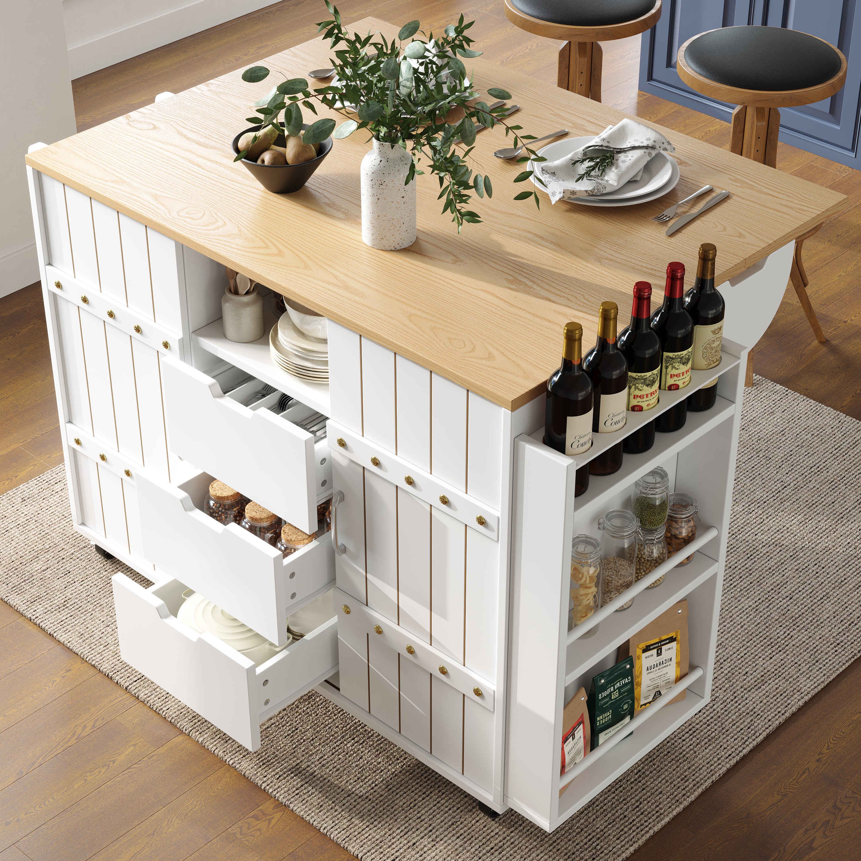 Kitchen cabinet, serving trolley with wood grain finish, kitchen trolley with castors and worktop, with spice rack and towel rail, kitchen island with sliding doors and drawers, white