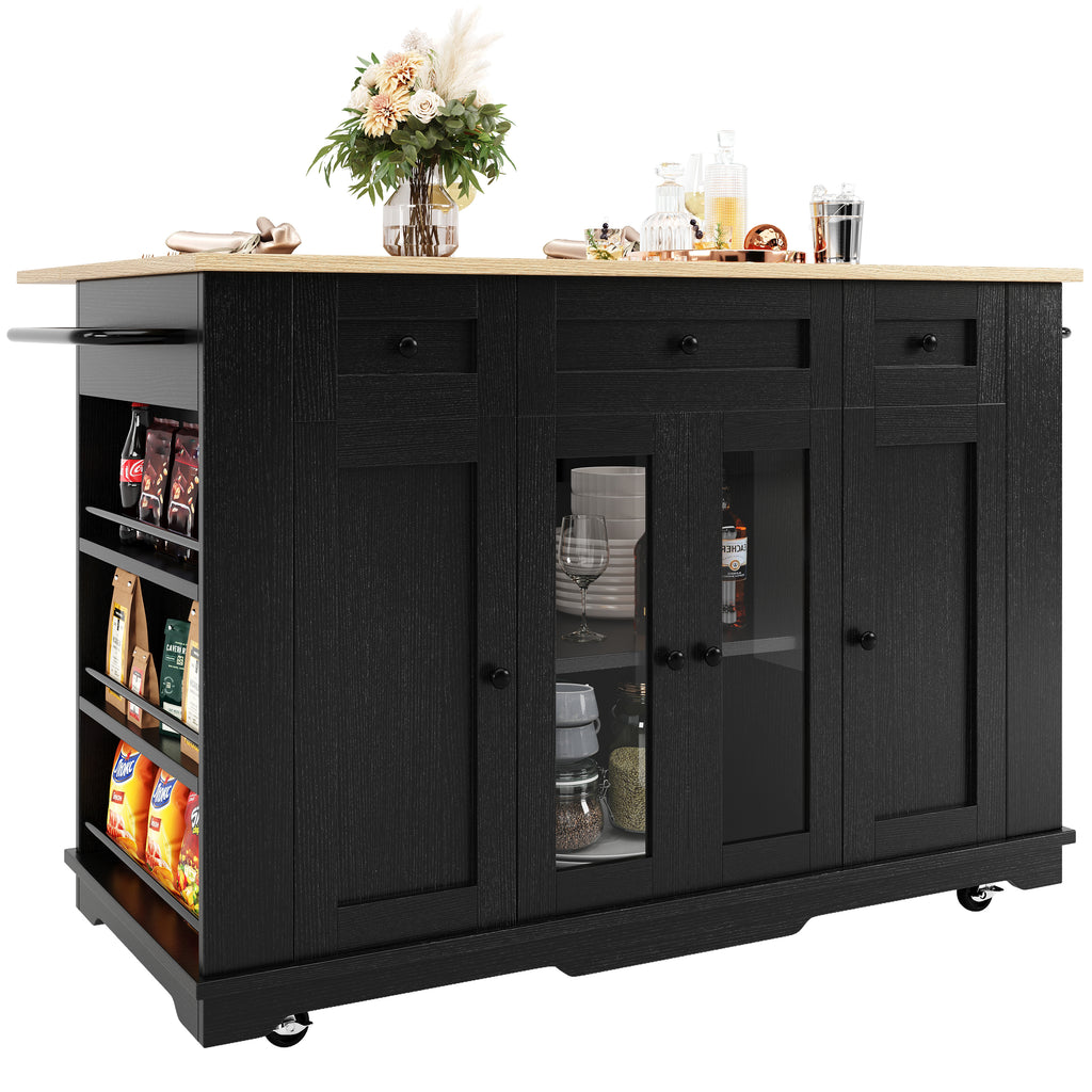 Kitchen island, (151.5x60x91.7cm)removable partitions, kitchen cabinet, dining trolley with worktop, sideboard, dining trolley with wood grain finish, sideboard, tempered glass cabinet, white/black