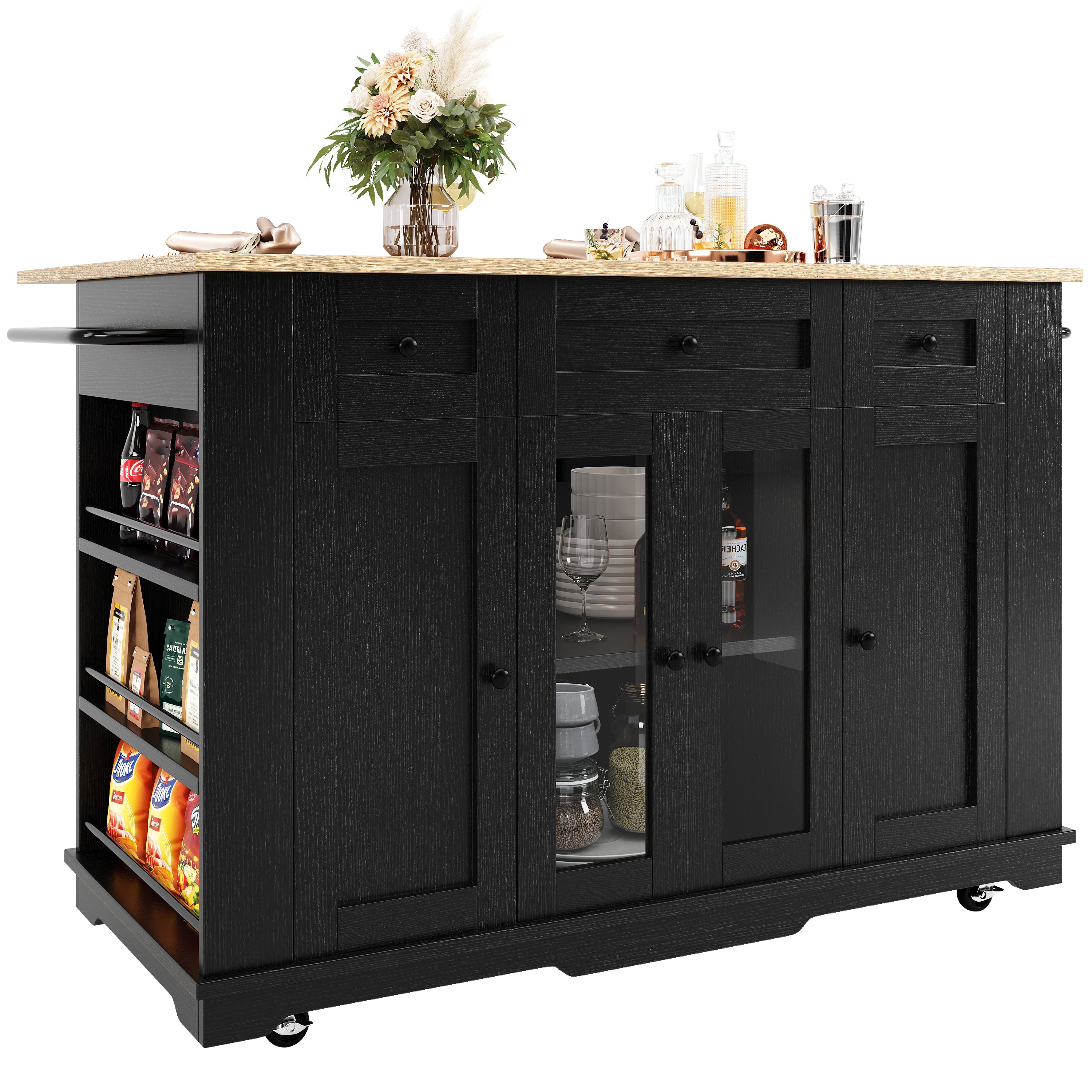 Kitchen island, (151.5x60x91.7cm)removable partitions, kitchen cabinet, dining trolley with worktop, sideboard, dining trolley with wood grain finish, sideboard, tempered glass cabinet, white/black