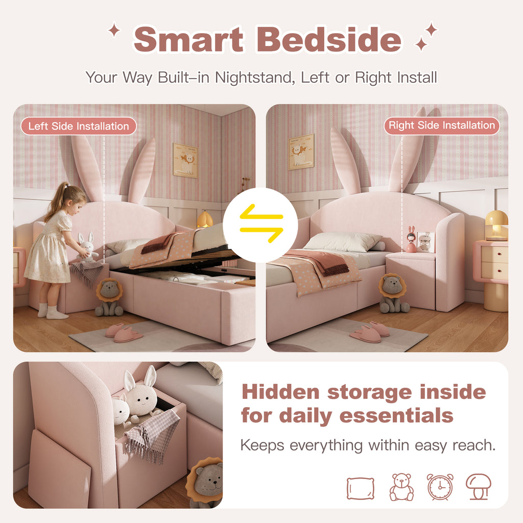 Bunny Ears Kids Bed, Single Upholstered Bed with Hydraulic Storage & Nightstand, Children Bed Frame for Girls Bedroom, 90 x 190 cm, Rose, No Mattress