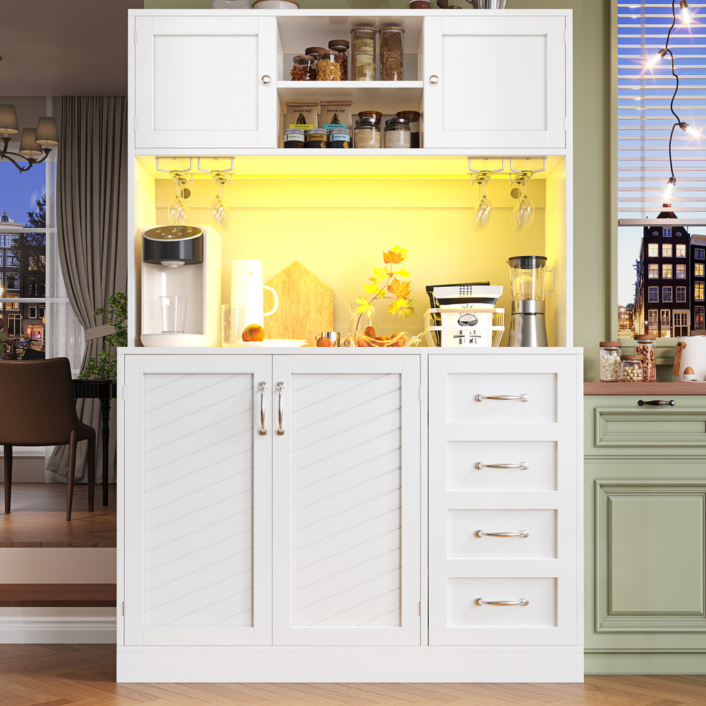 Sideboard / Storage Cabinet / Kitchen Cabinet / Buffet Cabinet, 120x40x188cm, with LED Lighting, Snack Rack & Drink Holders, 4 Doors & 2 Large Drawers, Green/White