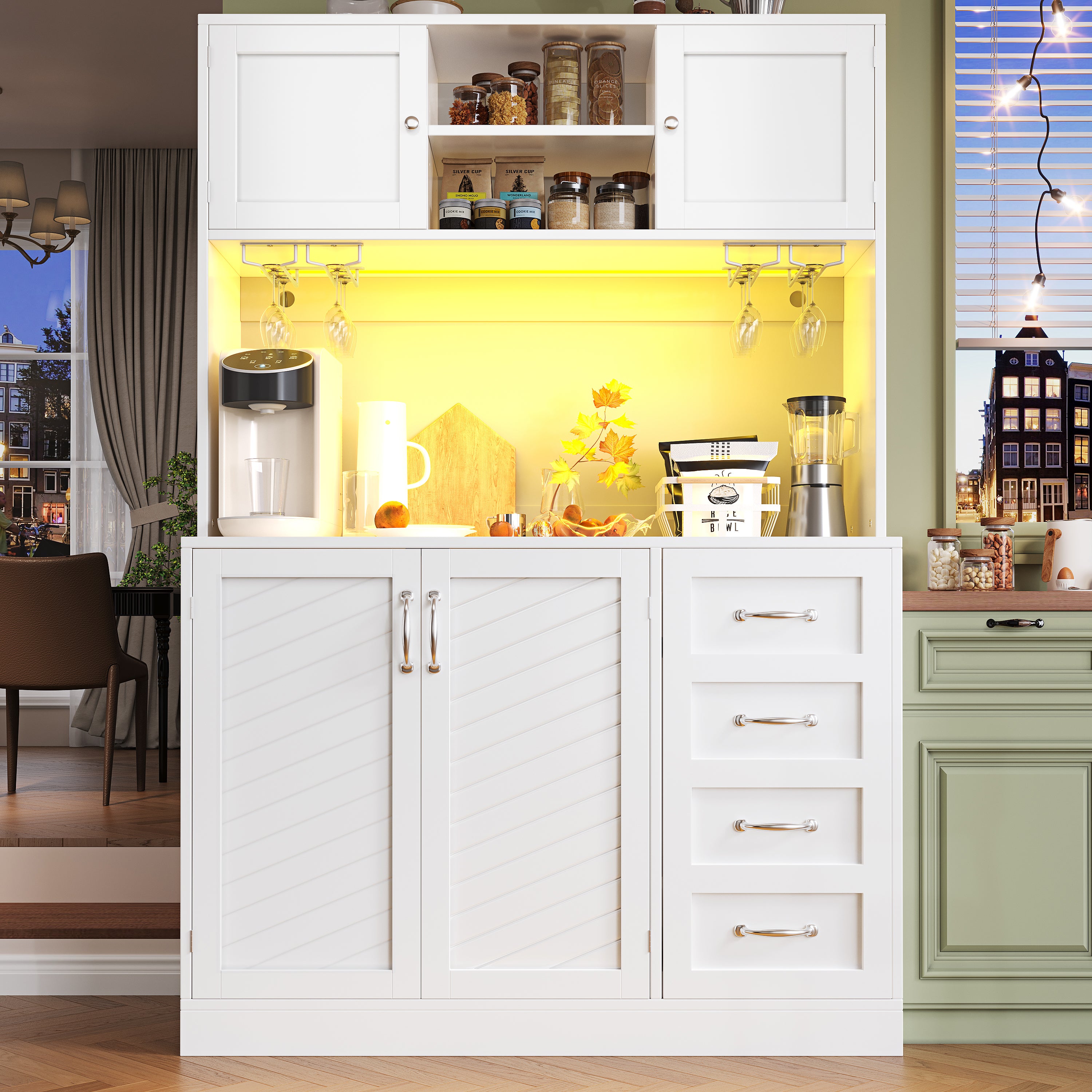 Sideboard / Storage Cabinet / Kitchen Cabinet / Buffet Cabinet, 120x40x188cm, with LED Lighting, Snack Rack & Drink Holders, 4 Doors & 2 Large Drawers, Green/White