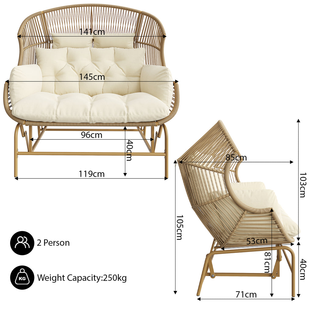 Garden Rocking Chair for Two, Patio Hanging Chair, Outdoor Swing Egg Chair, Rocking Chair, Garden Swing, Porch Swing for the Garden, Balcony, or Terrace, Beige