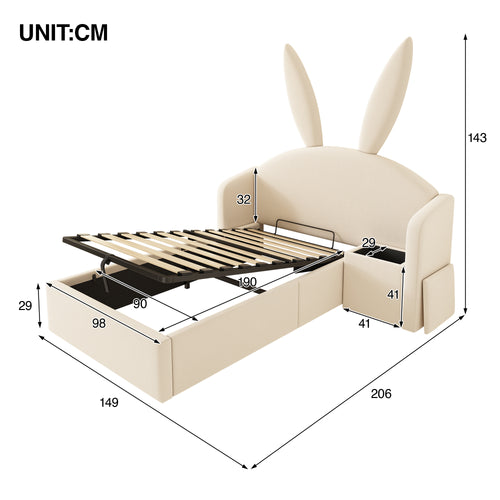 Bunny Ears Kids Bed, Single Upholstered Bed with Hydraulic Storage & Nightstand, Children Bed Frame for Girls Bedroom, 90 x 190 cm, Beige, No Mattress