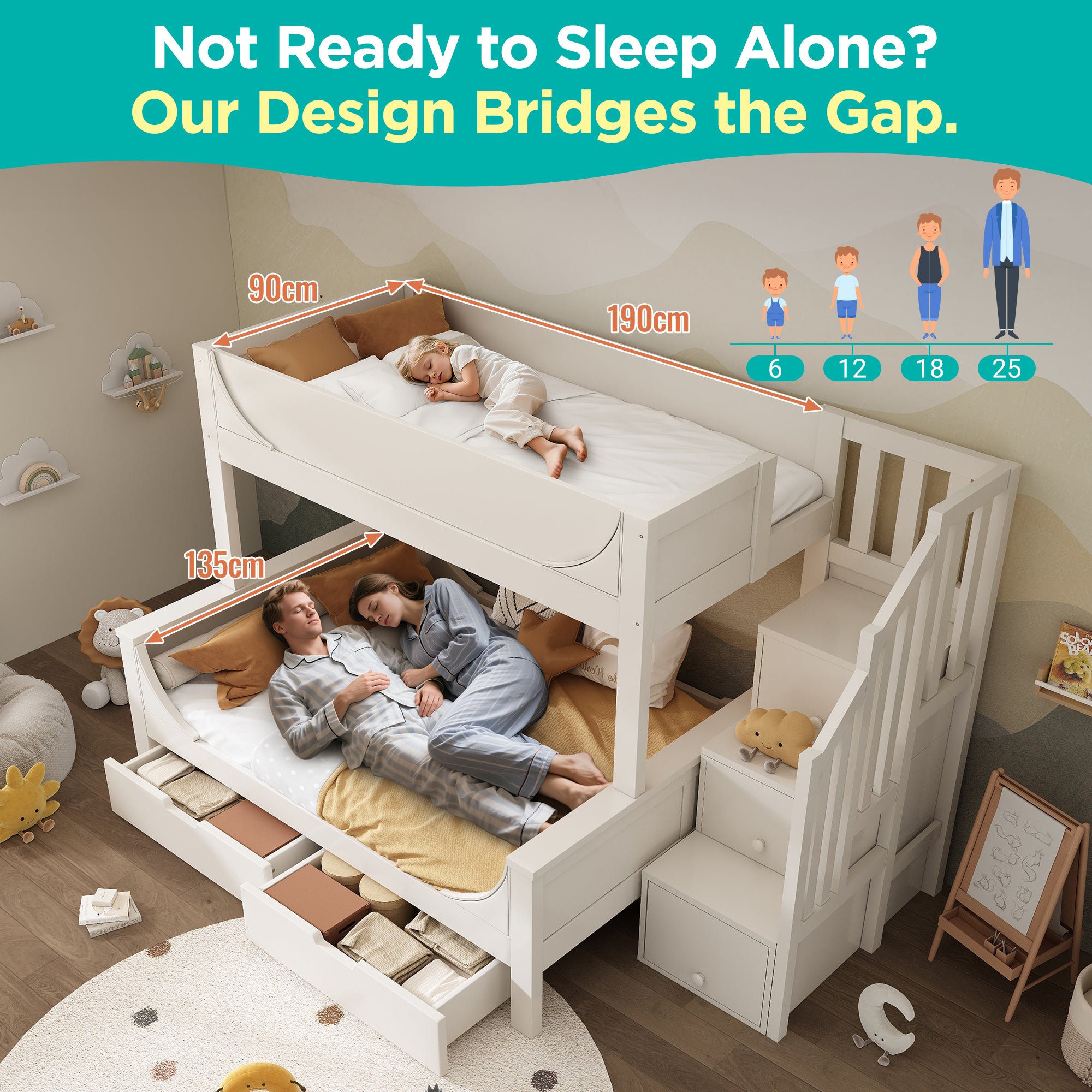 Bunk Beds for Kids, Staircase Bunk with Drawers and Storage, Children's Bed with Storage Unit, Double Bunk Bed for Family with Multiple Children, (90+135) x 190 cm, Solid Wood, White