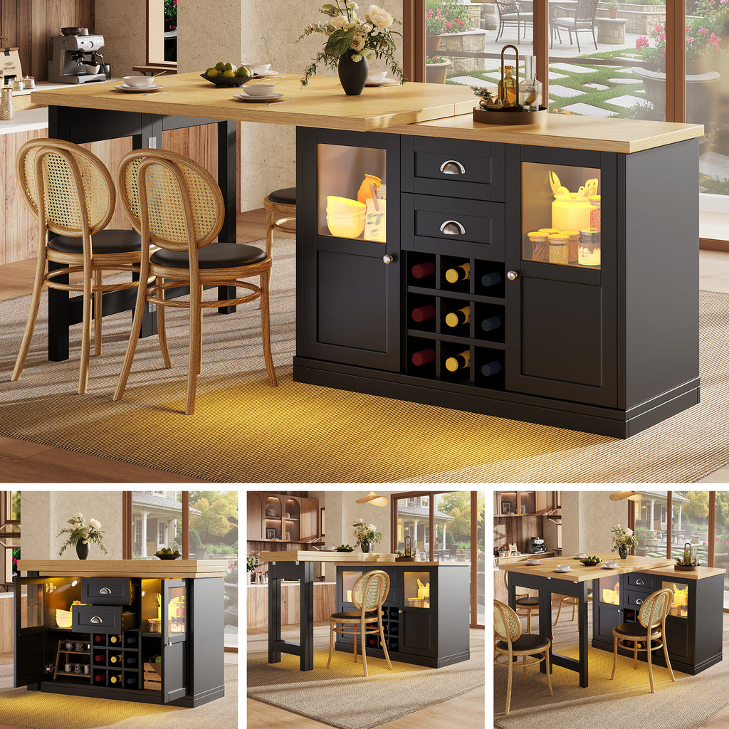 Extendable Sideboard with LED Lights, 120-197cm Adjustable Dining Table with Storage, 2 Drawers & Glass Cabinet doors, White/Black