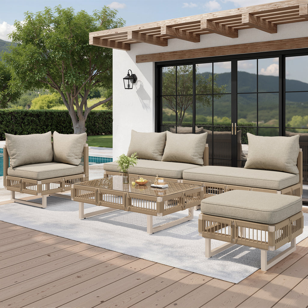 Modular Rope-Woven Outdoor Sofa Set with Tempered Glass Coffee Table, 10cm Thick Cushions, for Patio & Poolside