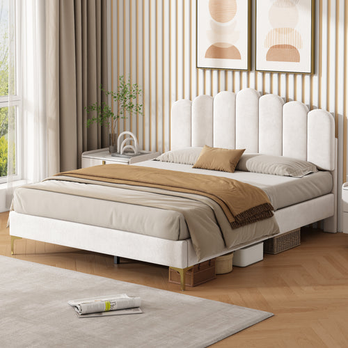 4ft6 Double Premium Velvet Upholstered Bed Frame with Scalloped Channel Tufted Design, Height Adjustable Headboard & Gold Metal Feet, Under-bed Storage Space, No Box Spring Needed, Beige (No Mattress)