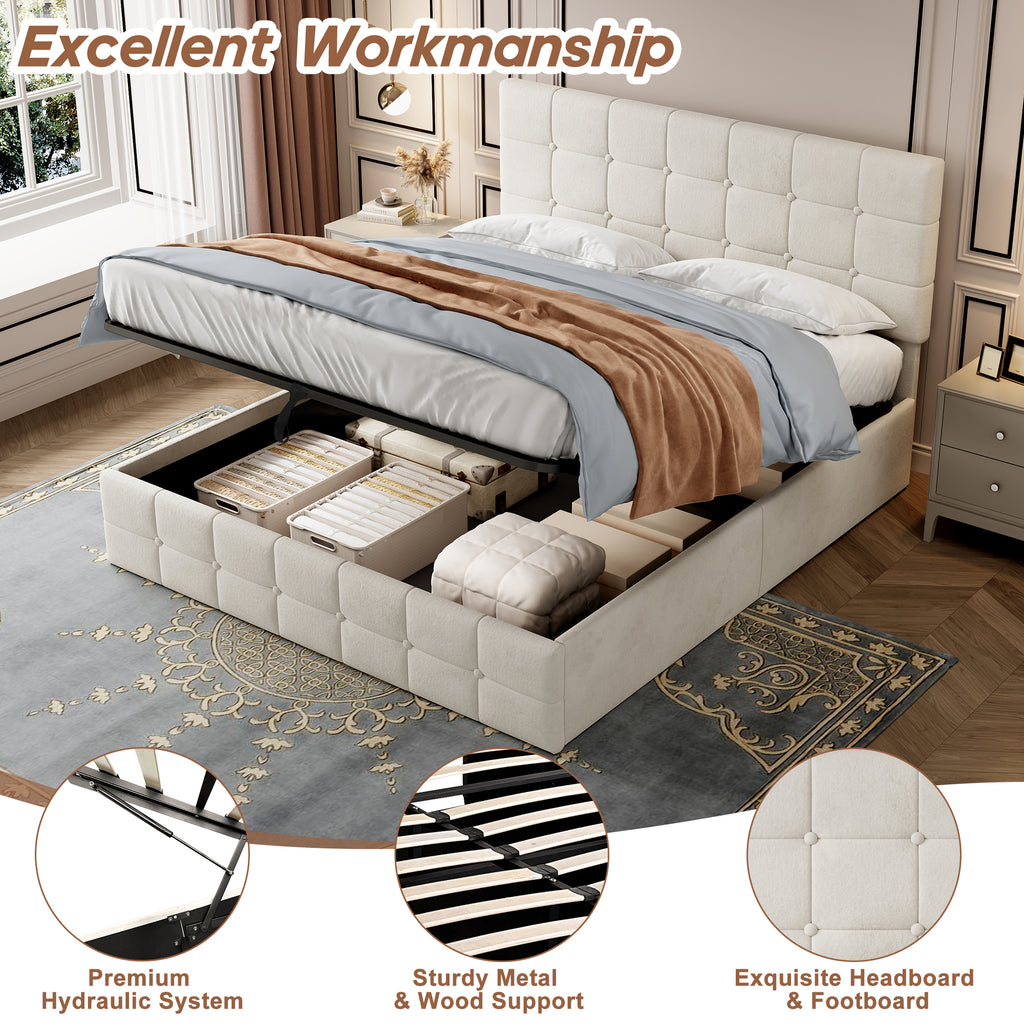 Double Upholstered Storage Bed Frame, Velvet Ottoman Bed with Hydraulic Storage, Double Bed with Adjustable Button Tufted Headboard, Metal-Wood Support, No Mattress, Beige