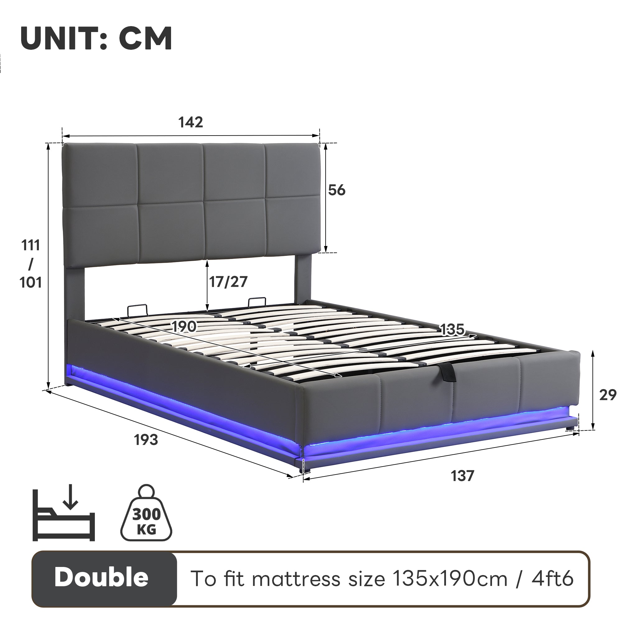 Ottoman Double Bed with LED Lighting, PU Leather Upholstered Bed with Hydraulic Storage, 4ft6 Double Bed Frame with Adjustable Square Tufted Headboard, Grey (No Mattress)