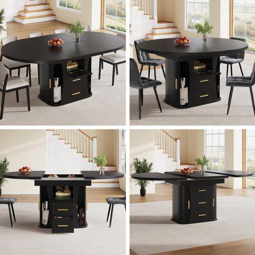 Extendable dining table, dining room table, kitchen table, round dining table, extends to oval, 118-158 cm, seats up to 6 people, three-tier storage, black