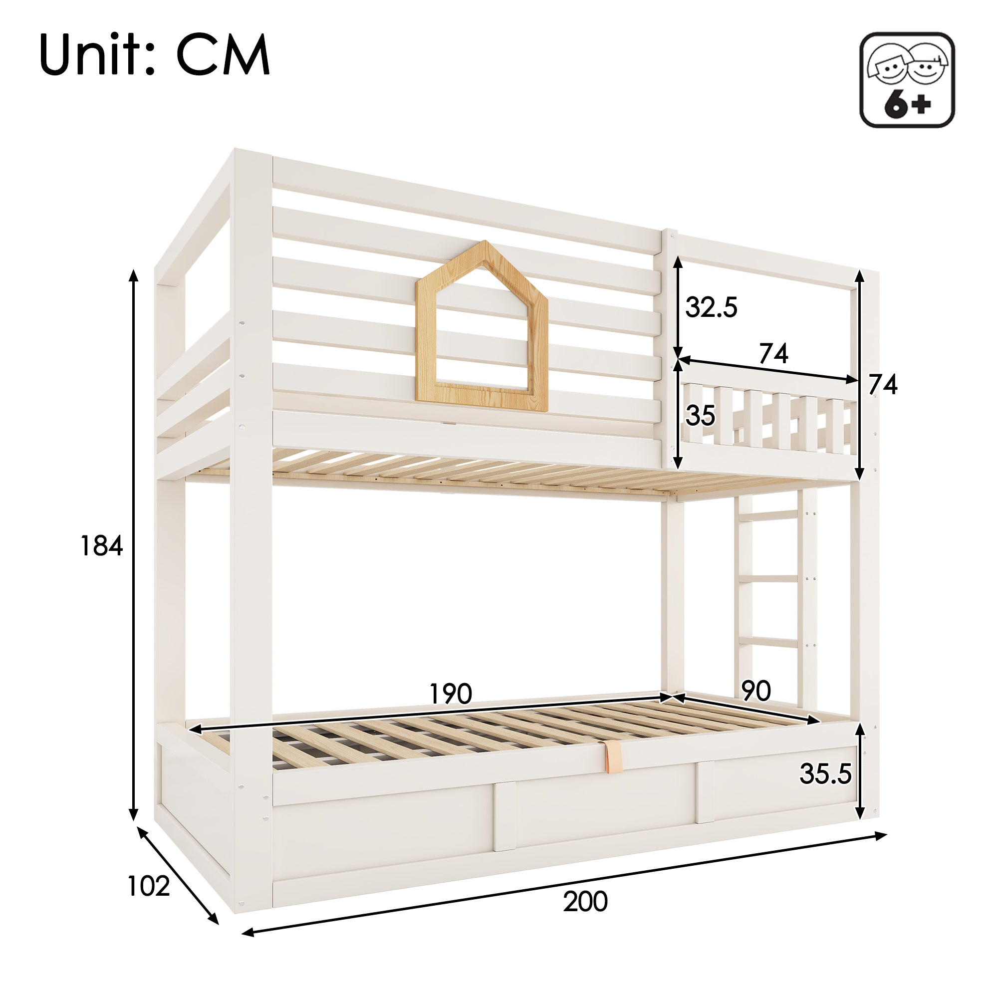 Bunk Beds for Kids with Ladder, Wooden Cabin Bed Hydraulic Storage, Children's House Bed, Twin Sleeper (90+90) x 190 cm, Solid Wood, White