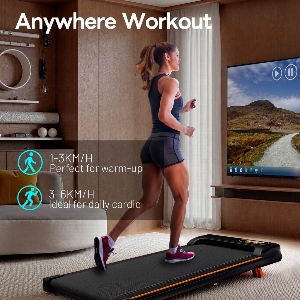 Folding Under Desk Walking Pad Treadmill with Adjustable Incline, 1-6 km/h Low Noise for Home & Office, LED Display, Magnetic Remote Control, Transport Wheels & Plug, Black.