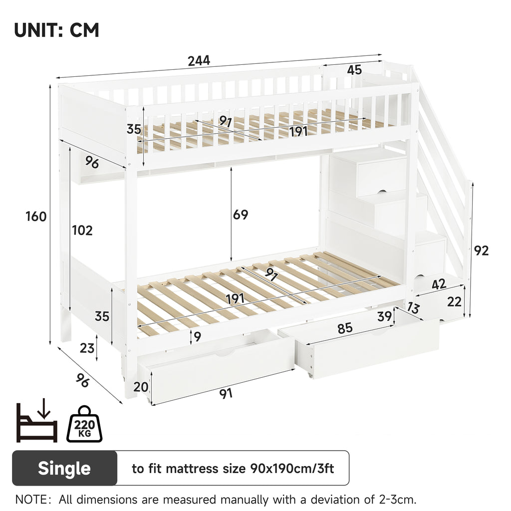 3ft Single Loft Bed with Under Bed Drawers, High-Quality Solid Wood Bunk Bed Frame with Integrated Stairway Storage, Shelving and Hidden Lockers, Safety Guardrails, White (No Mattress)