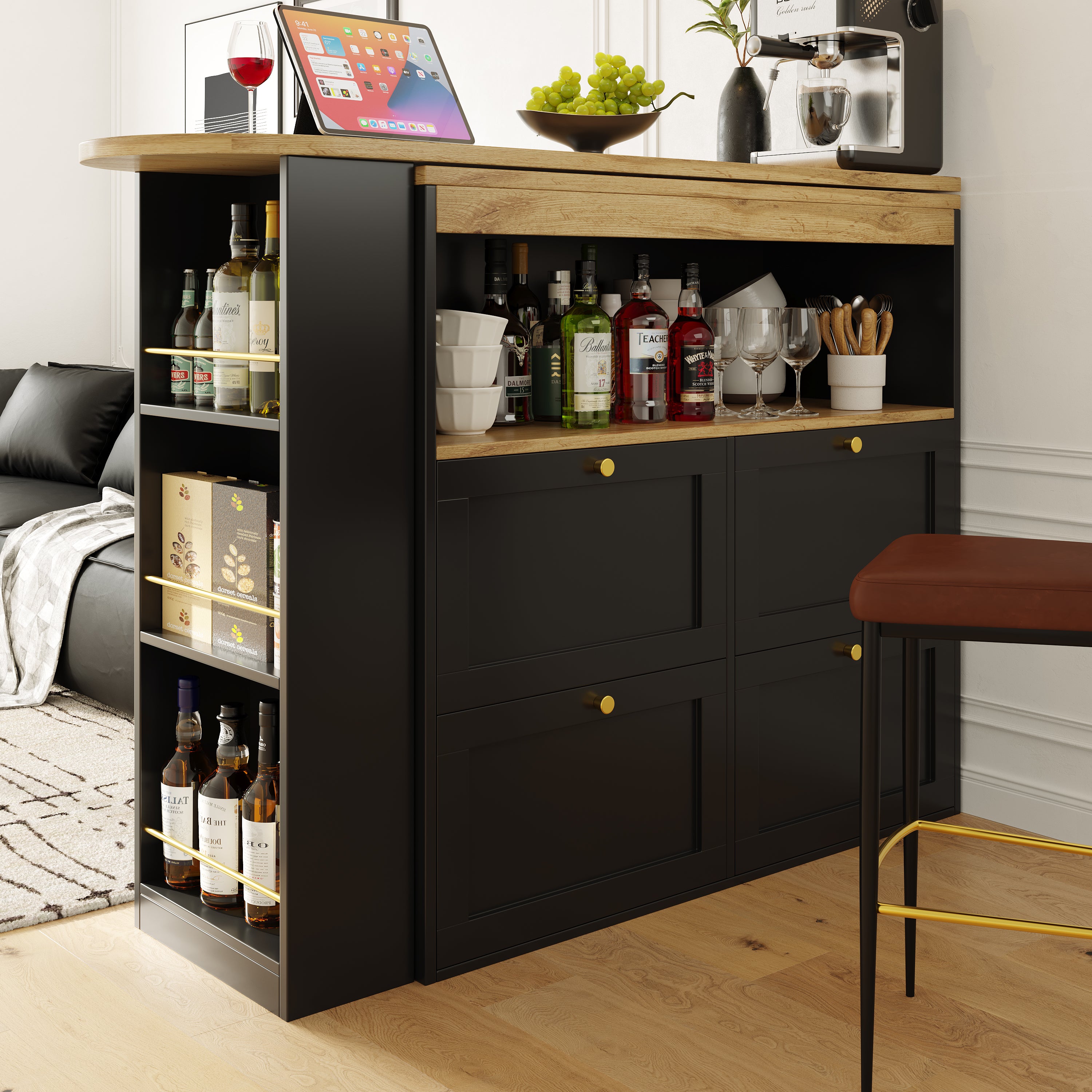 360° Swivelling Bar Table (Main Body 105 x 39 x 102 cm), with 4 Drawers and Open Shelves, Suitable for Dining Room/Study/Living room etc.