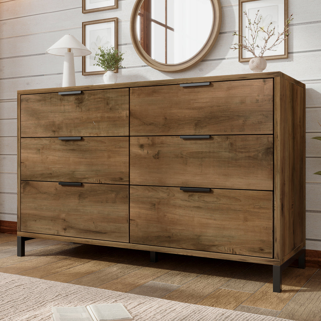  Sideboard Cabinet for Living Room, Chest of Drawers with 6 Drawers, Dark Oak, 120W x 40D x 76H cm