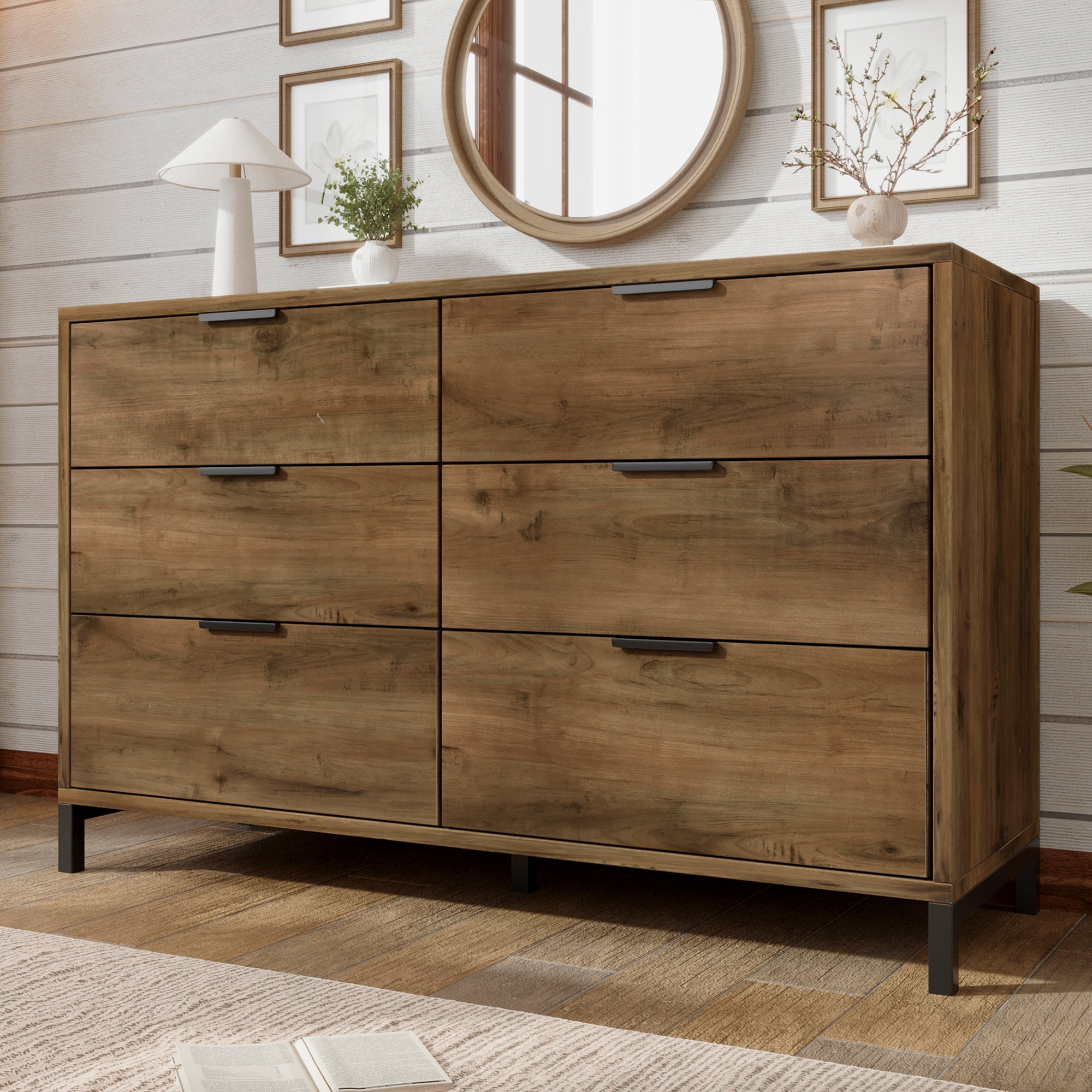  Sideboard Cabinet for Living Room, Chest of Drawers with 6 Drawers, Dark Oak, 120W x 40D x 76H cm