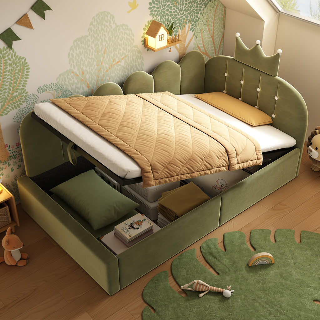 Upholstered Daybed with Hydraulic Storage, 3FT Single Sofa Bed 90 x 190 cm, Crown-shaped Bed Guest Beds for Adults & Children, Velvet, Green (No Mattress)