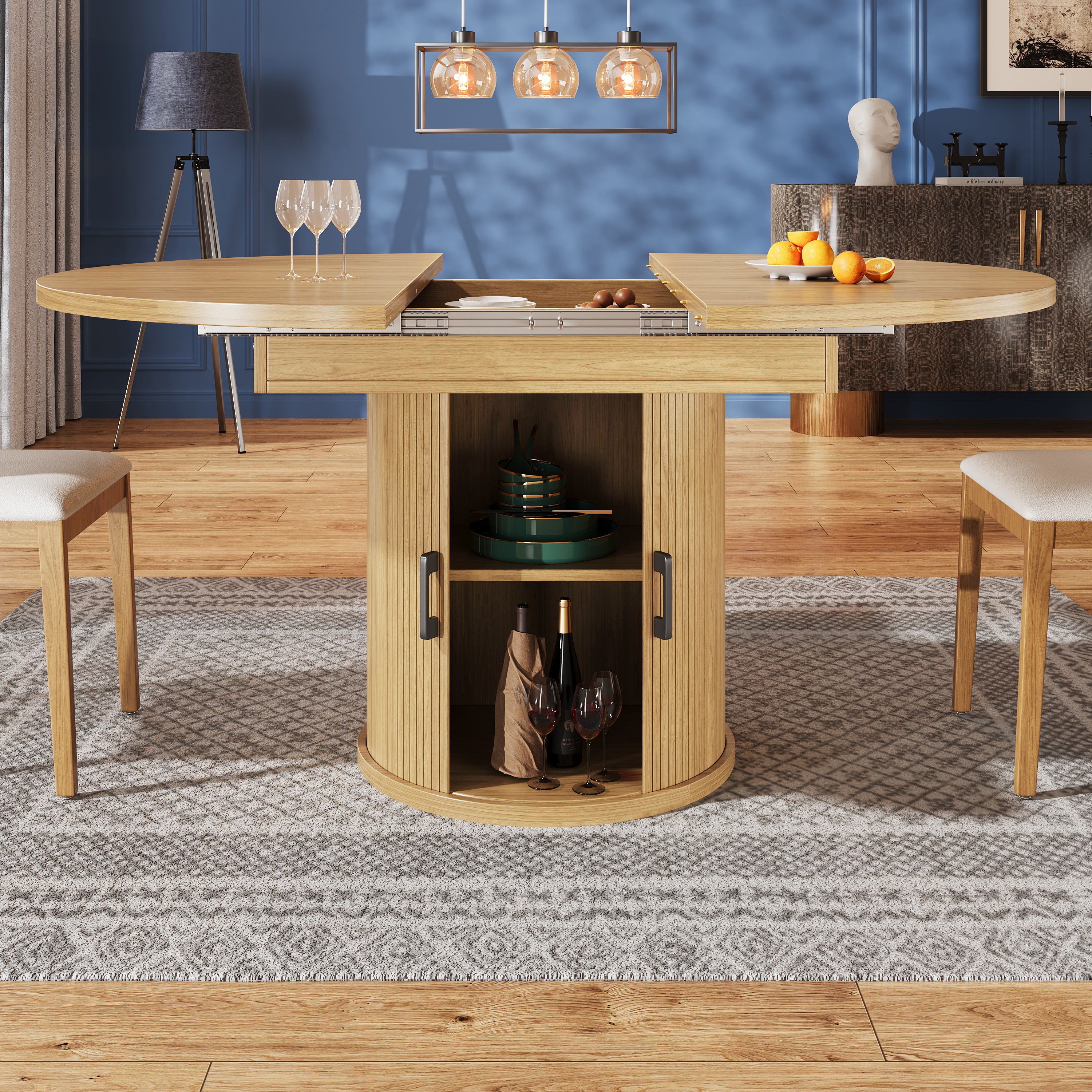 Extendable dining table, dining room table, kitchen table, balcony table, extendable table top Round dining table, extends to oval, 118–158 cm, seats up to 6 people, natural