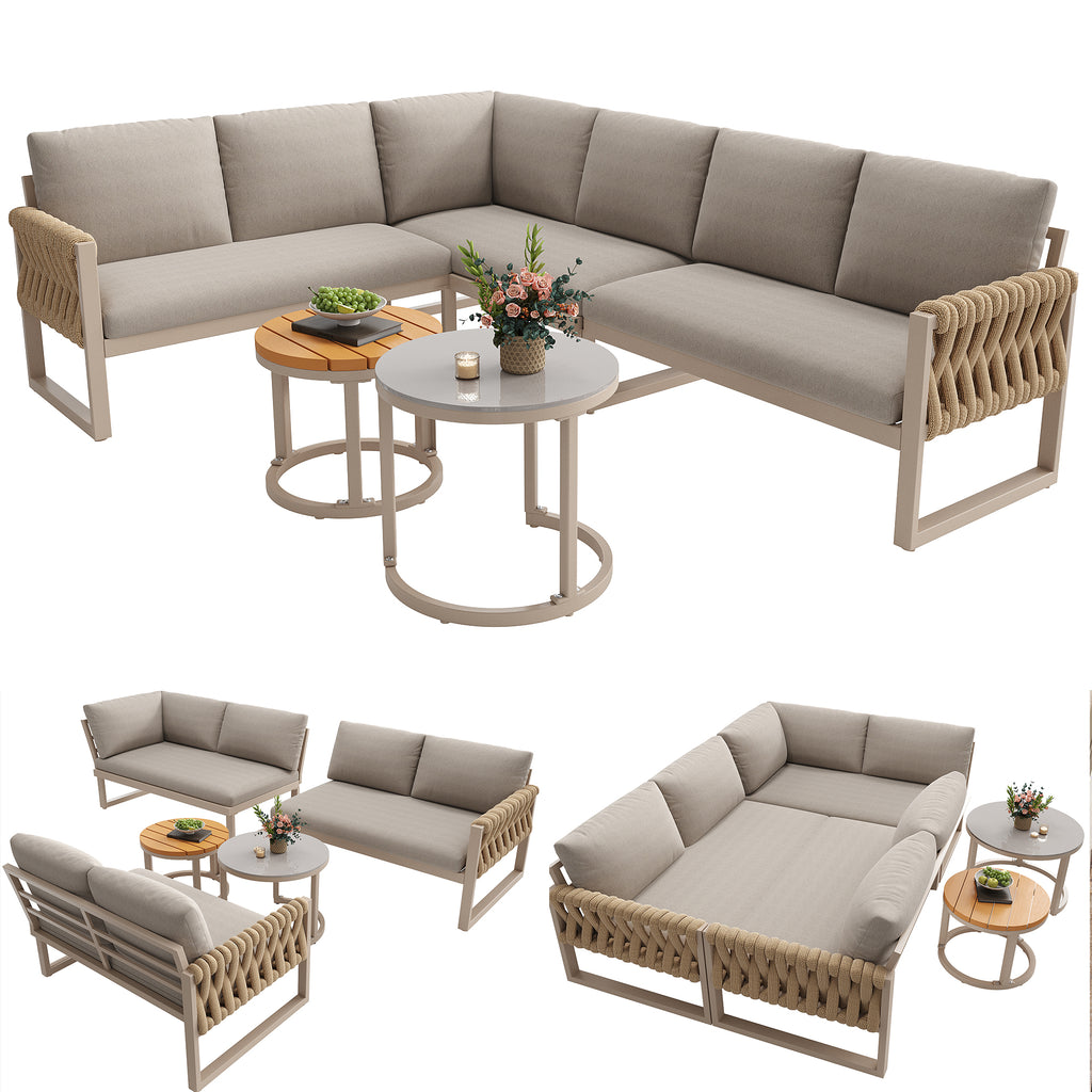 Garden furniture set with adjustable legs, water-repellent and removable cushions, modular garden lounge set for 5-6 people, suitable for balconies, gardens, and patios, beige