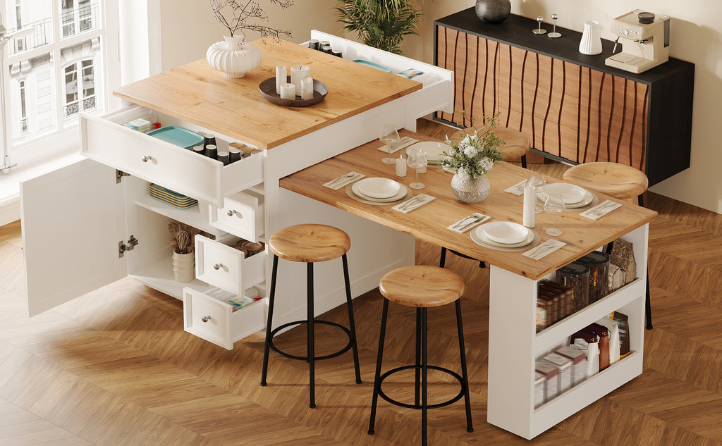 Extendable kitchen island (120-184 cm) with drawers and casters, mobile kitchen island with wood-look tabletop, versatile counter island for kitchen, dining room & bar counter, white/black