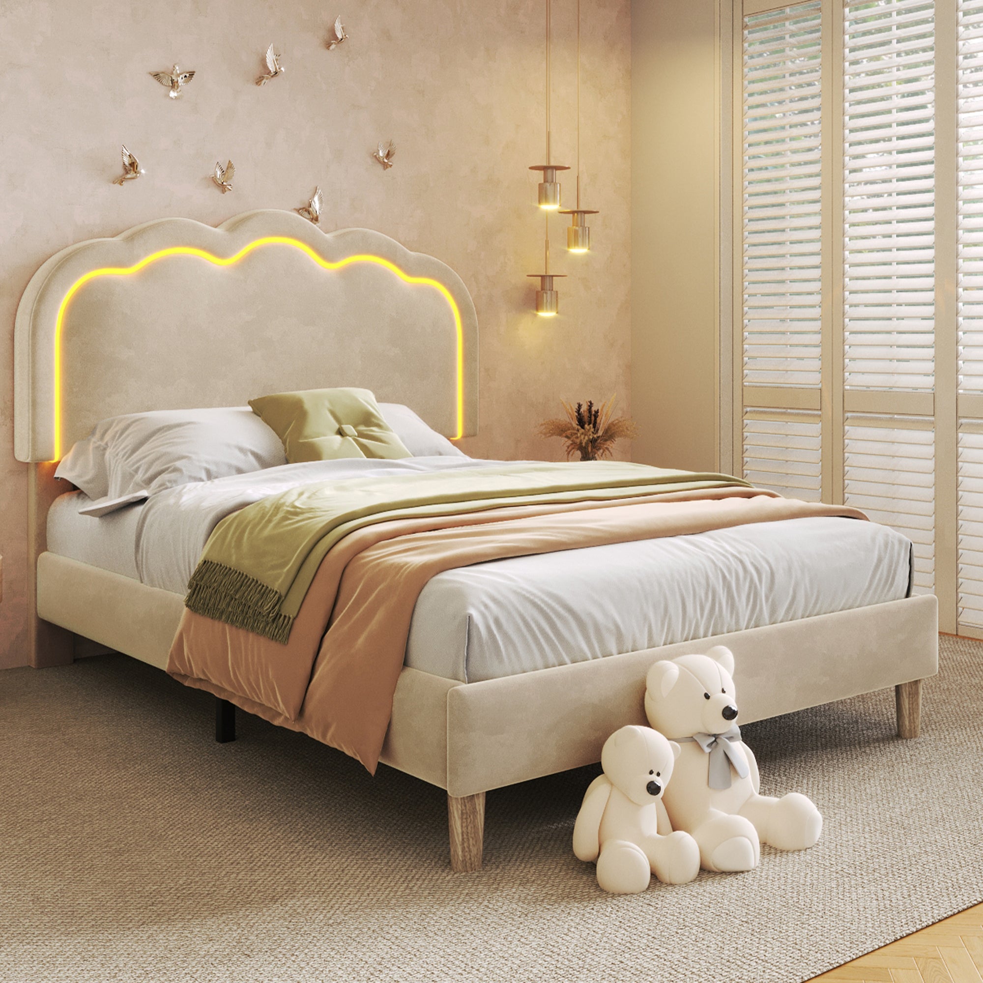 Upholstered Bed, 3ft 90x190cm Single Bed with LED, Bed Frame with Wooden Slats and Adjustable Height Headboard, Teen Bed for Bedroom and Guest Room, Beige, Velvet Material, Without Mattress.