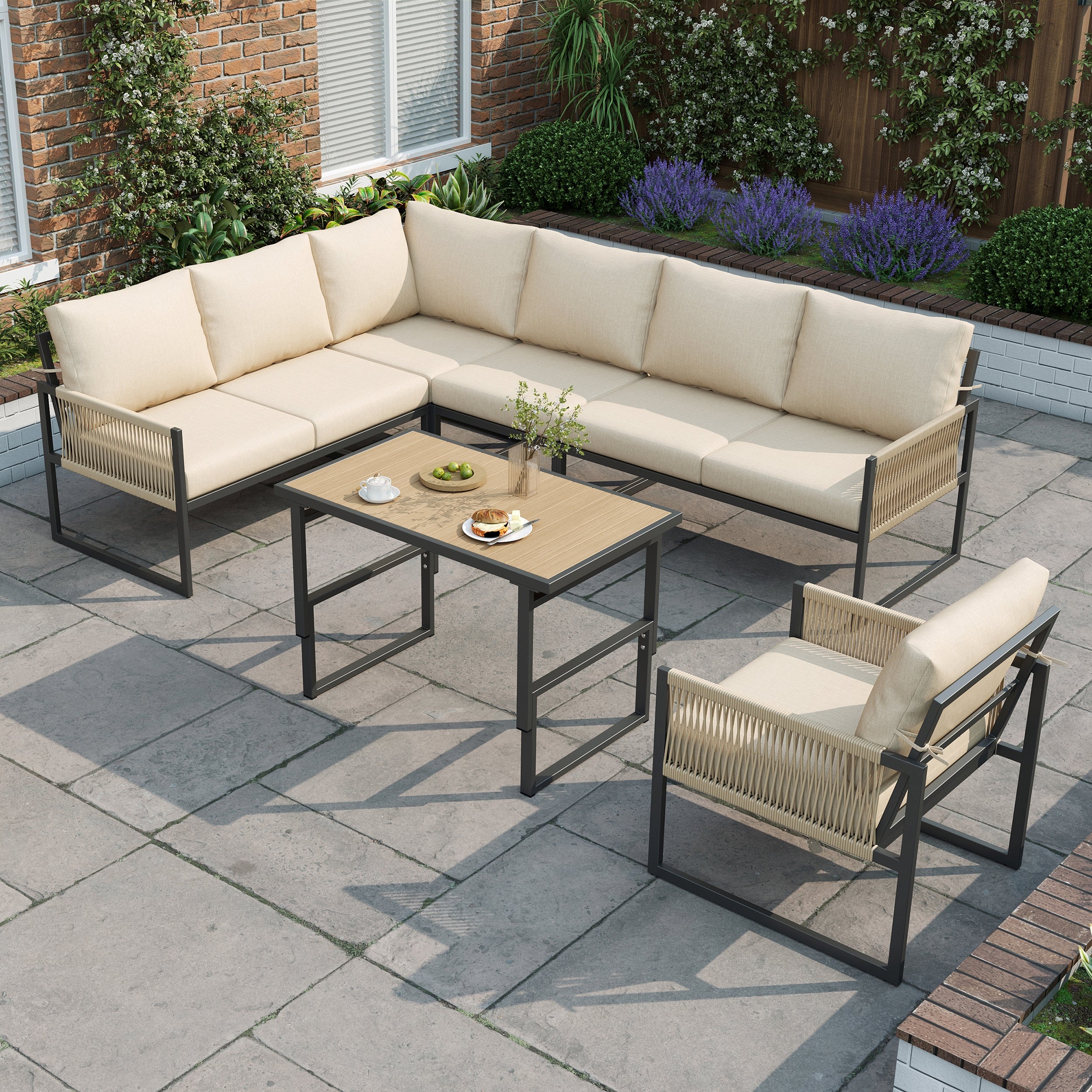 6-7 Seater Garden Furniture Set with Height Adjustable Rising Coffee Table, Corner Sofa with Polyester Rope, Weatherproof Outdoor Patio Dining Lounge Set for Balcony and Terrace, Beige