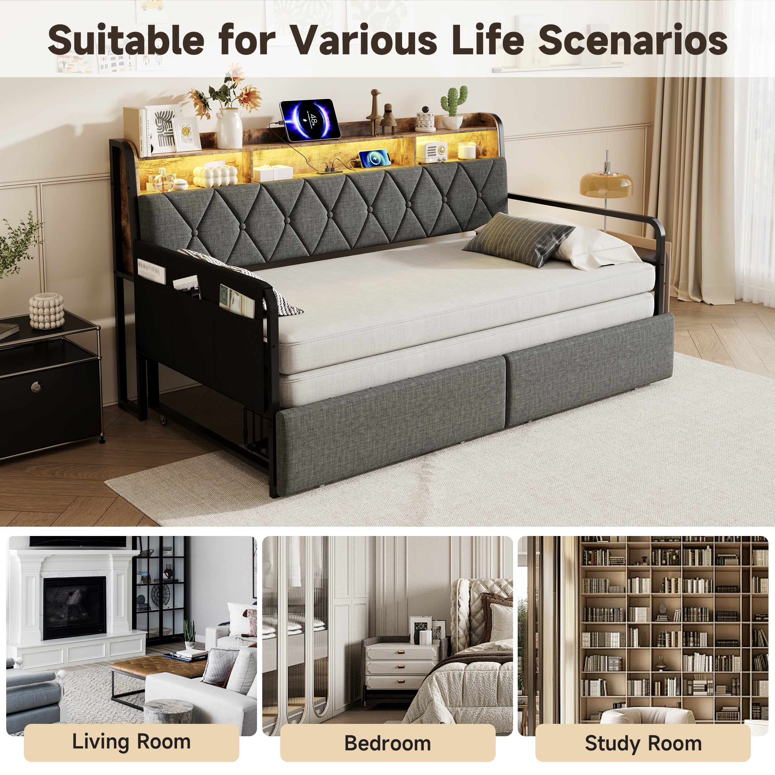 3ft Single Daybed with Pull-out Trundle and Storage Drawer, Walnut Wood Sofa Bed with LED Lighting and Charging Station, Concealed Headboard Storage, Reversible Side Pocket, Linen, Grey (No Mattress)