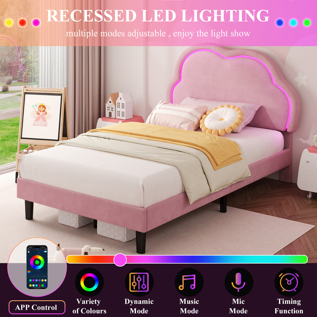 3ft Single Upholstered Bed with LED Adjustable Cute Cloud Headboard, Soft Velvet Bed Frame with Solid Wood Slat, No Box Spring Needed, Easy Assembly, Pink (No Mattress)
