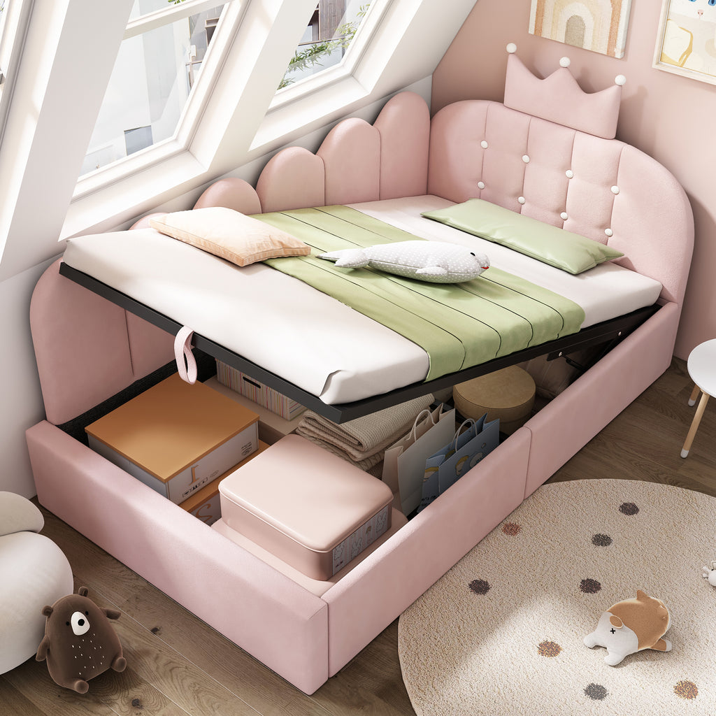 Upholstered Daybed with Hydraulic Storage, 3FT Single Sofa Bed 90 x 190 cm, Crown-shaped Bed Guest Beds for Adults & Children, Velvet, Pink (No Mattress)