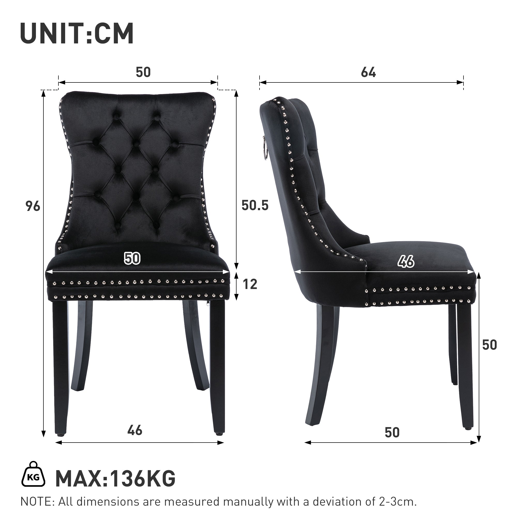 Modern Set of 2 Upholstered Velvet Dining Chairs, Button Tufted Kitchen Lounge Chairs with Solid Wood Legs, Riveted Trim and Knocker Ring, for Dining Room Living Room, Black