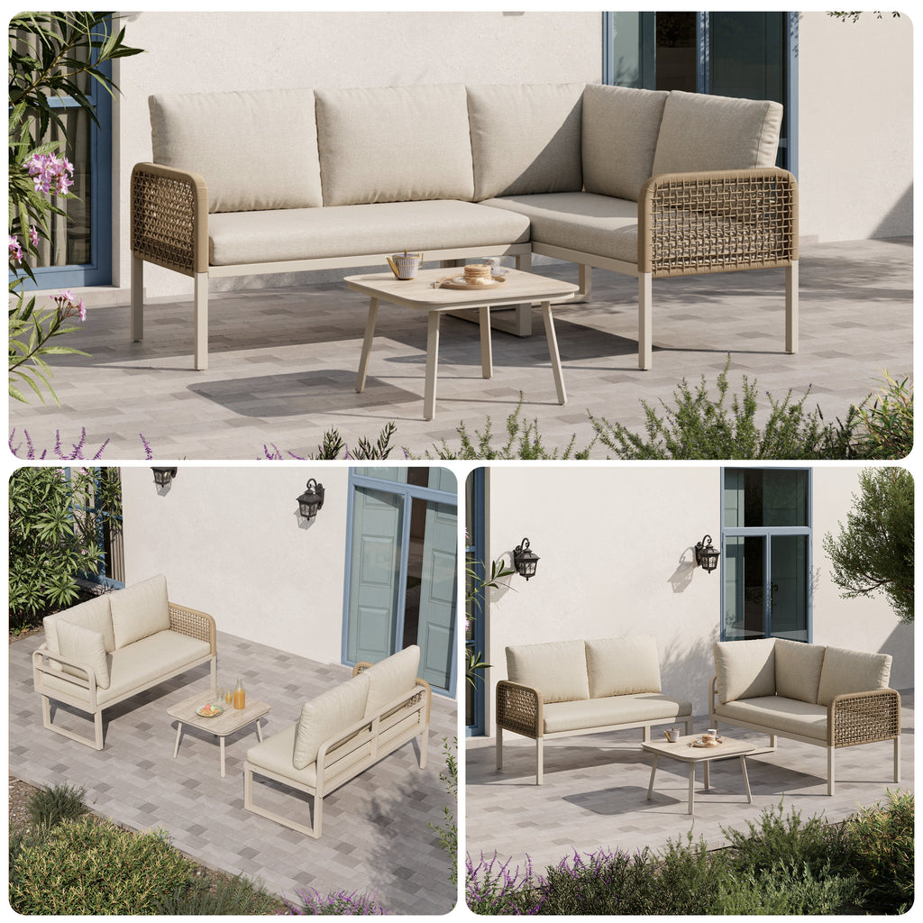 Garden Set with Wood-look Tempered Glass Table, Convertible 4 Seater Polyester Rope Conversation Set with Sofa and Armchairs, Weatherproof Outdoor Patio Corner Sofa for Balcony and Terrace,Beige