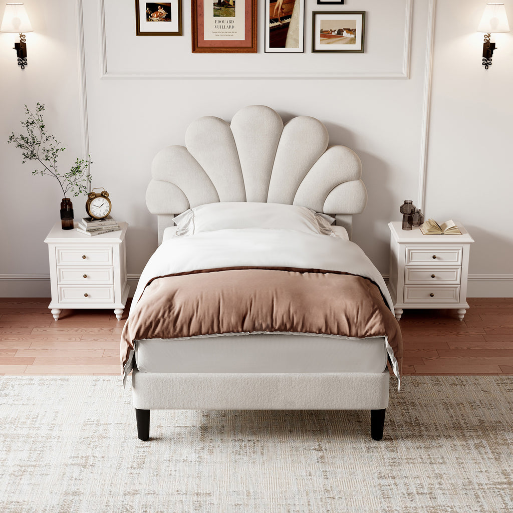 3ft Single Upholstered Velvet Bed Frame, with Adjustable Chic Petal Headboard, Velvet Platform Bed Frame with Solid Wood Slat, No Box Spring Needed, Easy Assembly, Beige