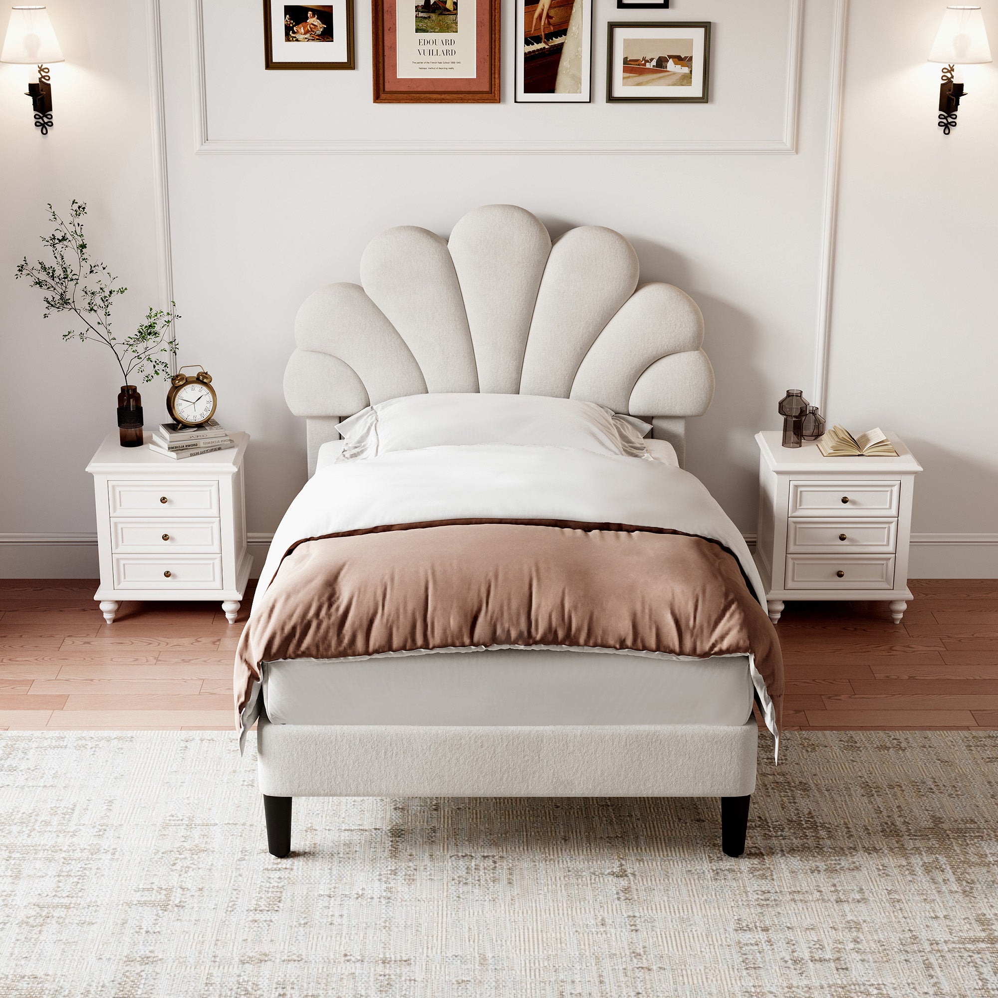 3ft Single Upholstered Velvet Bed Frame, with Adjustable Chic Petal Headboard, Velvet Platform Bed Frame with Solid Wood Slat, No Box Spring Needed, Easy Assembly, Beige