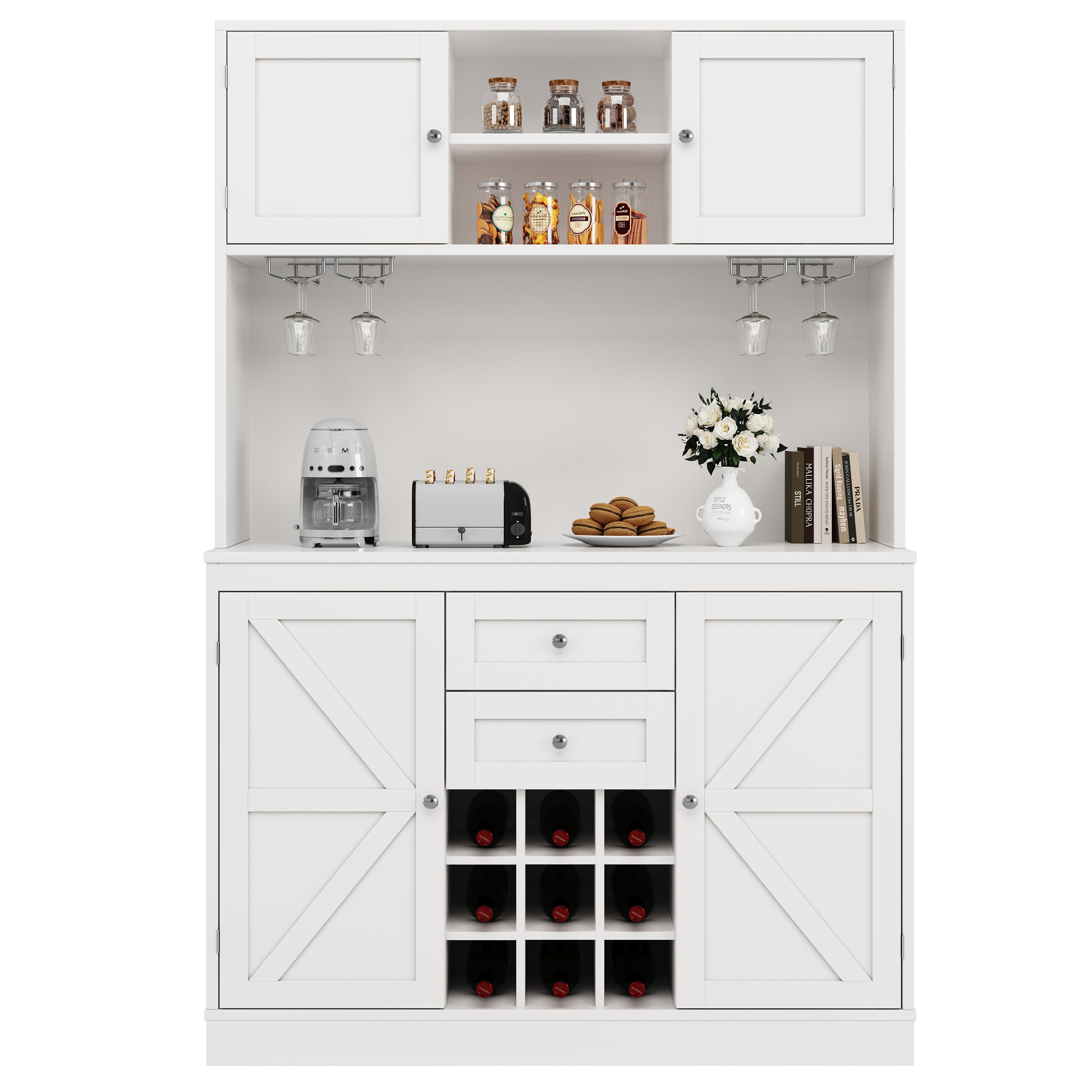 Kitchen Cabinet with Adjustable Shelves & Wine Rack, Tall Kitchen Cabinet with 4 Doors & 2 Drawers, Sideboard for Kitchen & Living Room, Buffet Cabinet, White/Balck